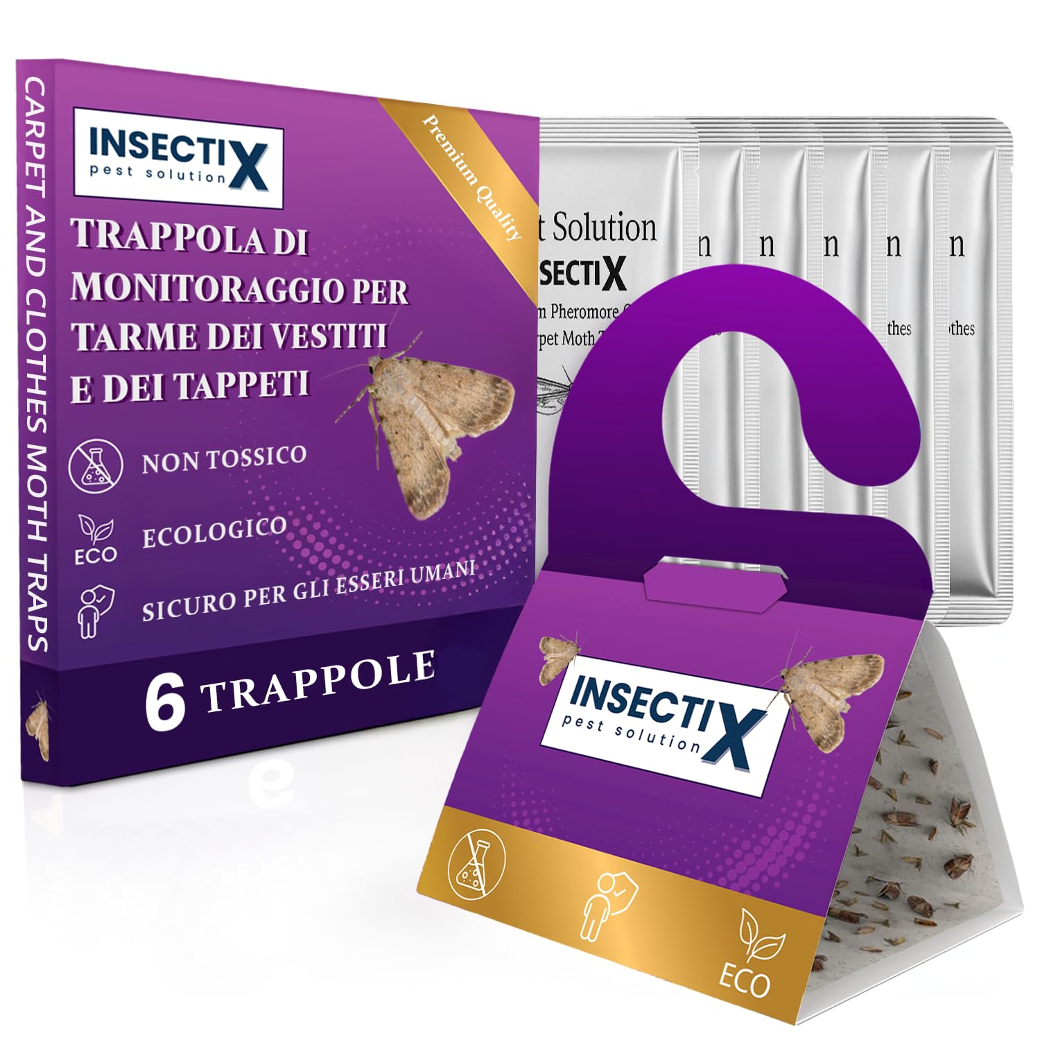 Trappole per Tarme dei Vestiti (6 Pezzi) | Trappole Adesive a Feromoni per Armadi, Cassetti & Tappeti | Rilevamento Tarme dei Vestiti & Tappeti | Protegge Lana, Cashmere & Seta | Inodore & Non Tossico
