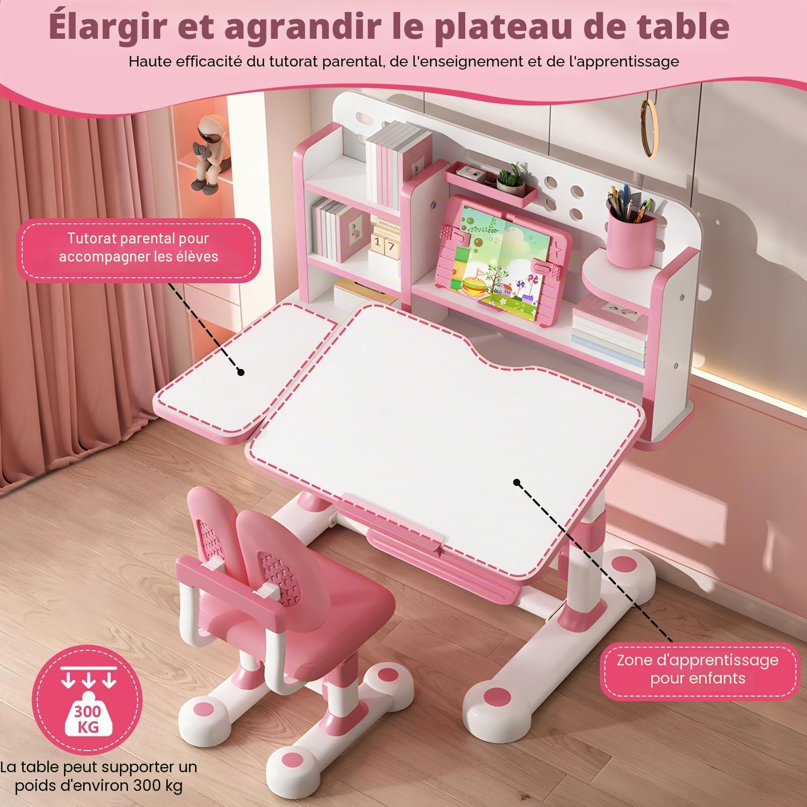 Bureau pour enfant réglable en hauteur avec chaise ergonomique, avec étagère à livres, tiroir et plateau inclinable à 50 °, rose