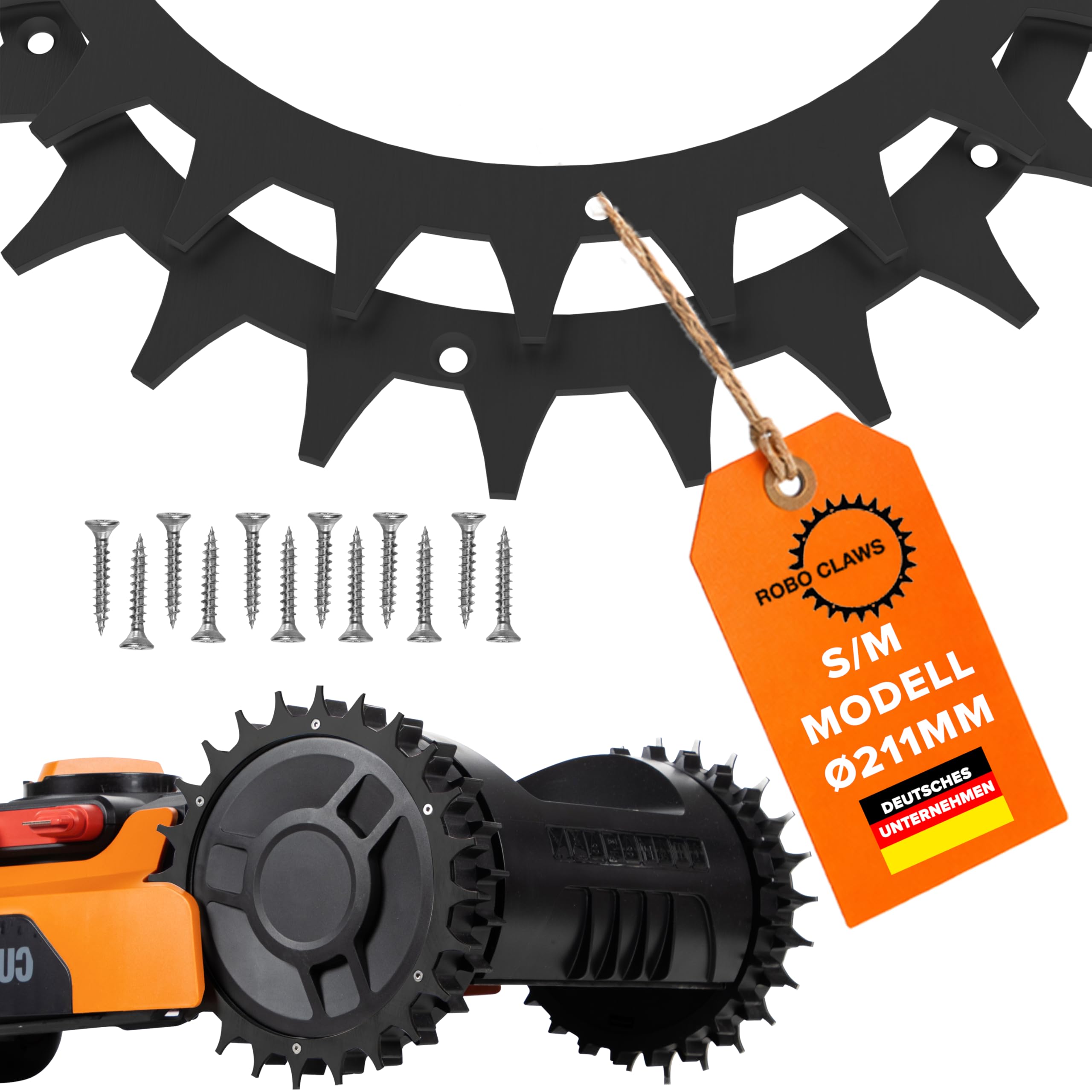 Edelstahl Spikes schwarz für alle Worx Landroid S/M und Plus Modelle – 2 mm Edelstahl Traktionsspikes (⌀211mm) – Mähroboter Zubehör inkl. 12 Edelstahlschrauben – entgratet und poliert von ROBO CLAWS