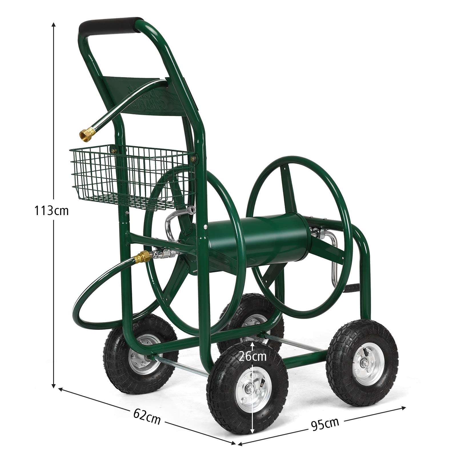 GYMAX Carrello Avvolgitubo da Giardino in Metallo e Gomma,con Ruote e Cestello