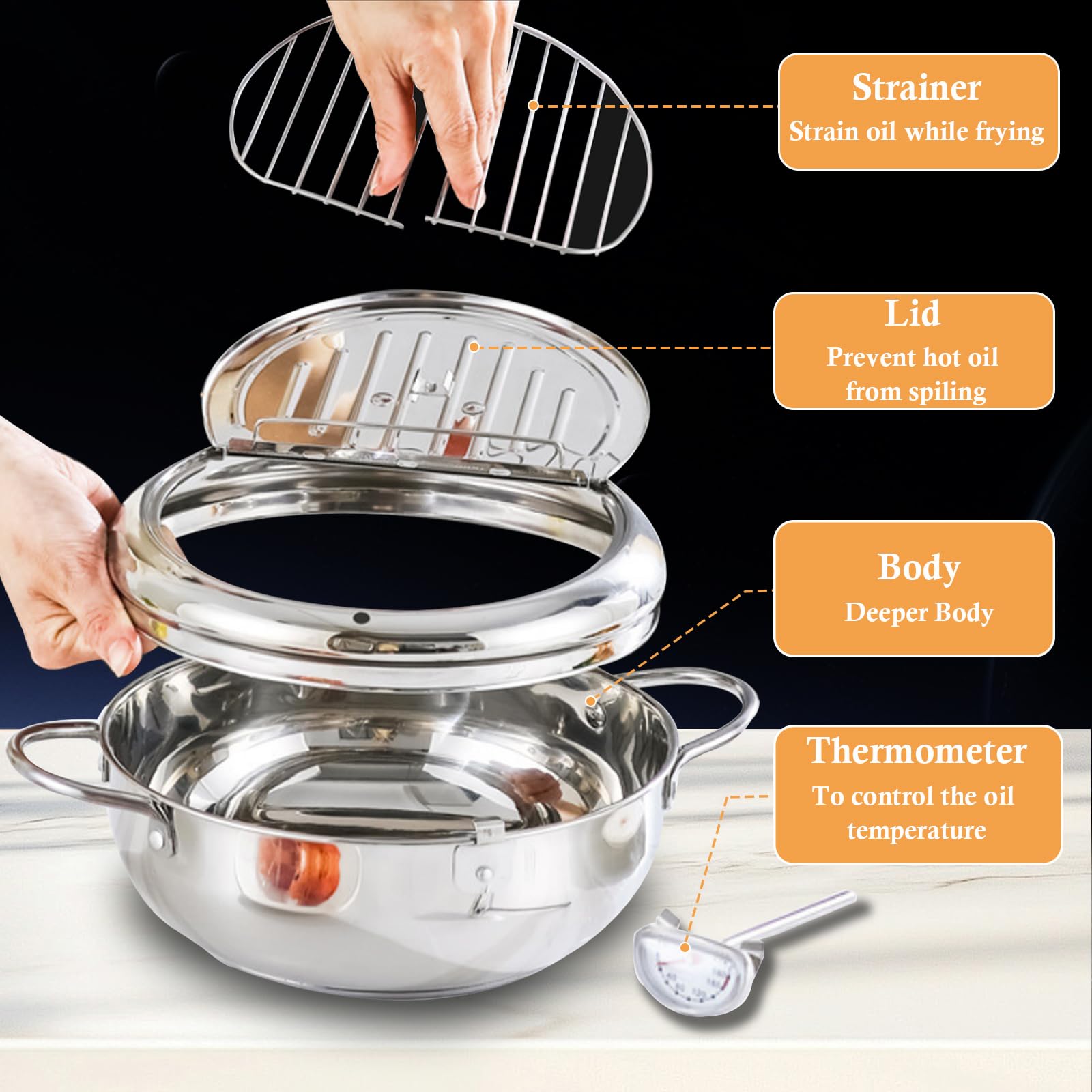 Qivine Mini Garnek do głębokiego smażenia ze stali nierdzewnej, garnek do smażenia z pokrywką i kontrolą temperatury, mini głęboka frytownica do tłuszczu kompatybilna z kuchenką gazową, indukcyjną do