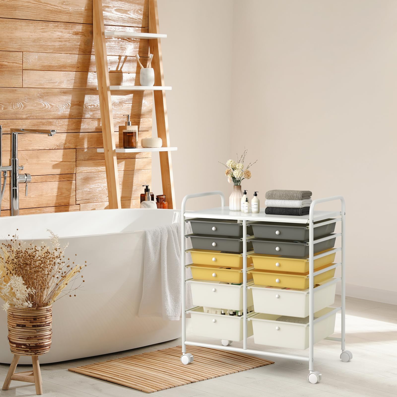 GOPLUS Chariot de Rangement 12 Tiroirs, Tour de Rangement à roulettes, Cadre en Acier, pour Chambre, Bureau, 64 x 38 x 75 CM, Jaune