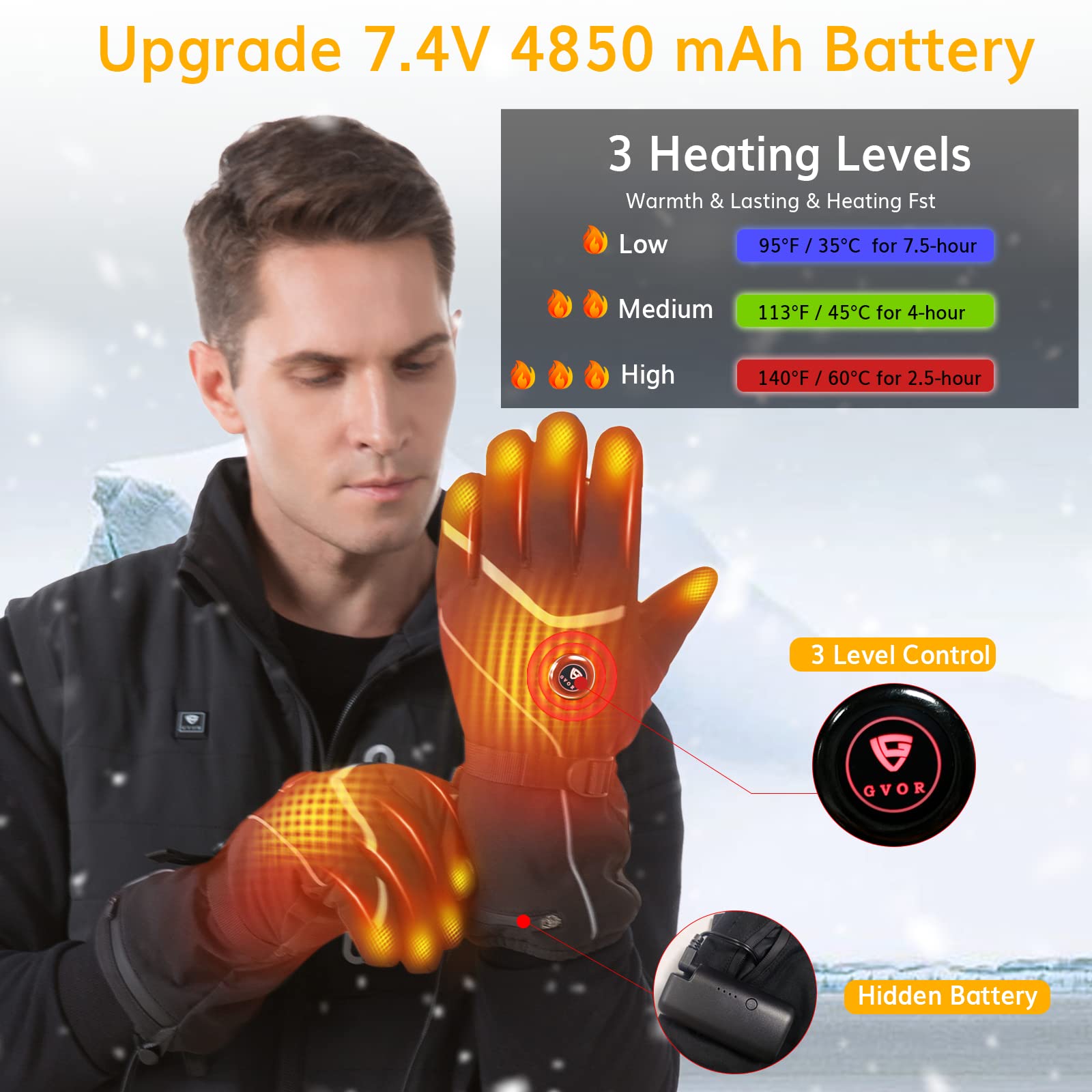 Heated Gloves for Men GVOR, Rechargeable Electric Battery Heating, Heated Skiing Gloves,Snowboarding Gloves and Outdoor Gloves Hand Warmer… (Large)
