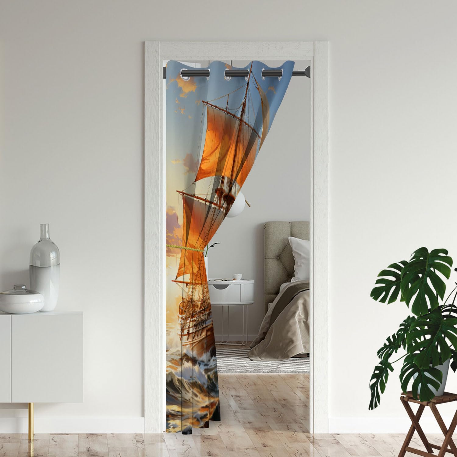 Nautical Door Curtains for Doorways, Pirate Ship Sailboat Sailing Adventure Ocean Blackout Curtain for Kids Bedroom Closet, Grommet Thermal Insulated Privacy Door Drapes for Room Divider, 34