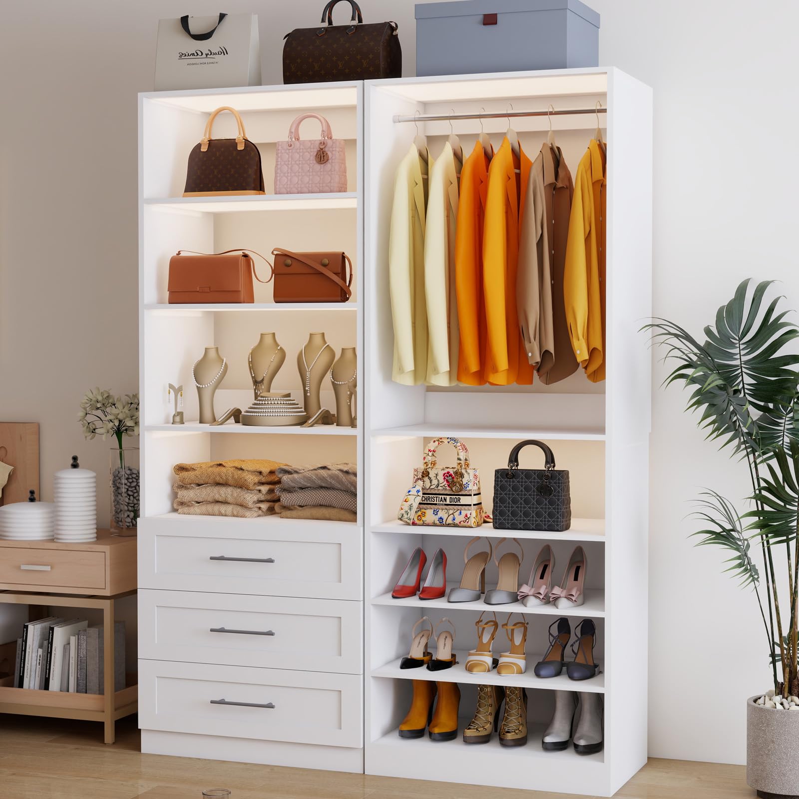 Closet System with 3 Wooden Drawers, 4-10.5FT Closet Organizer System with 3 Expandable Hanging Rods and 8 Shelves for Walk in Closet, Modular Closet Storage System with Shelves, Set of 2