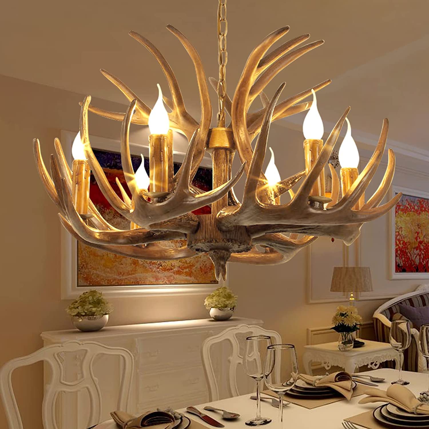 Żyrandol z poroża jelenia, retro lampa sufitowa z rogu jelenia, 6-punktowa lampa sufitowa z poroża jelenia, wisząca lampa w stylu vintage, do salonu, baru, kuchni i jadalni