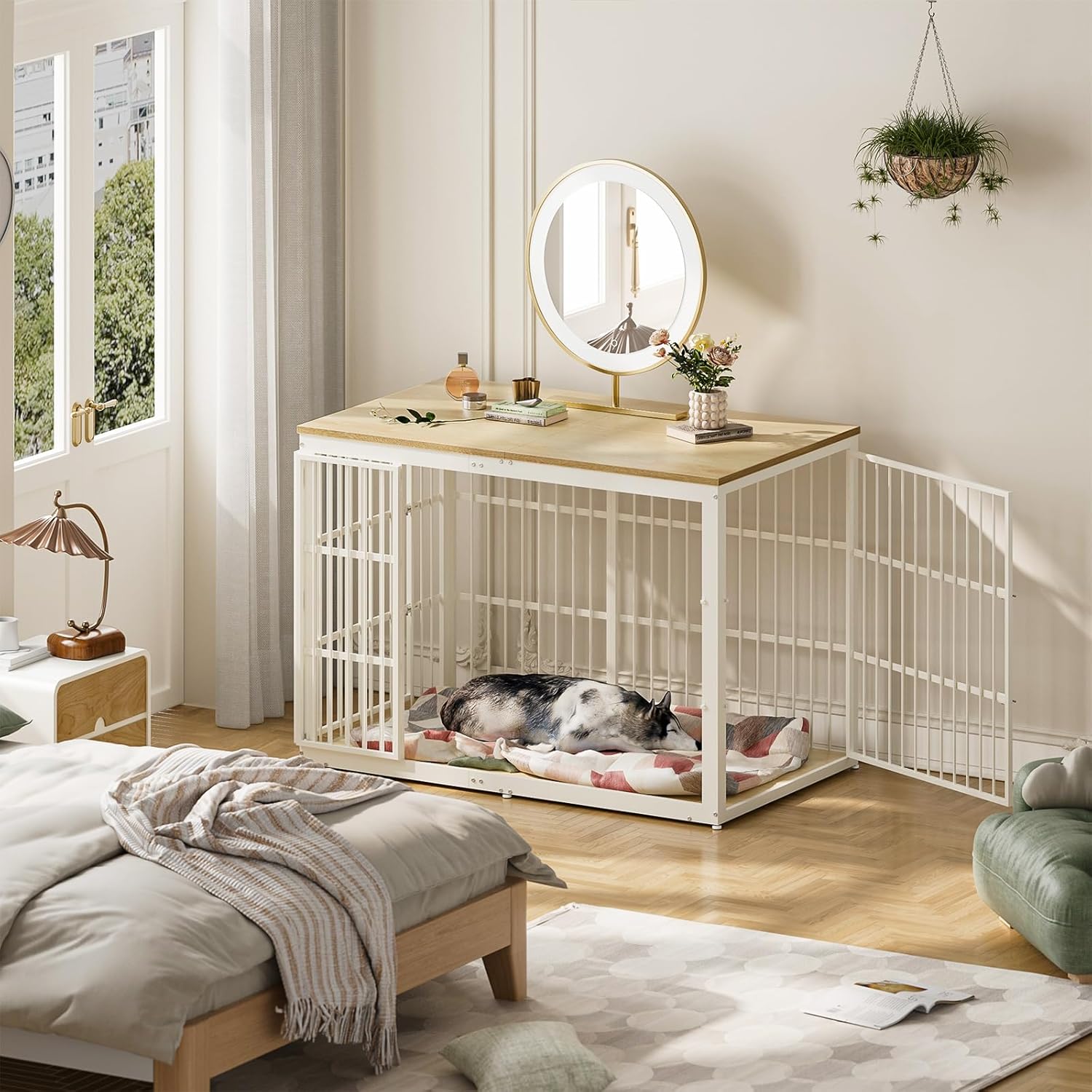 Lyromix dog crate furniture placed in a bedroom, functioning as a stylish end table with a dog resting inside.