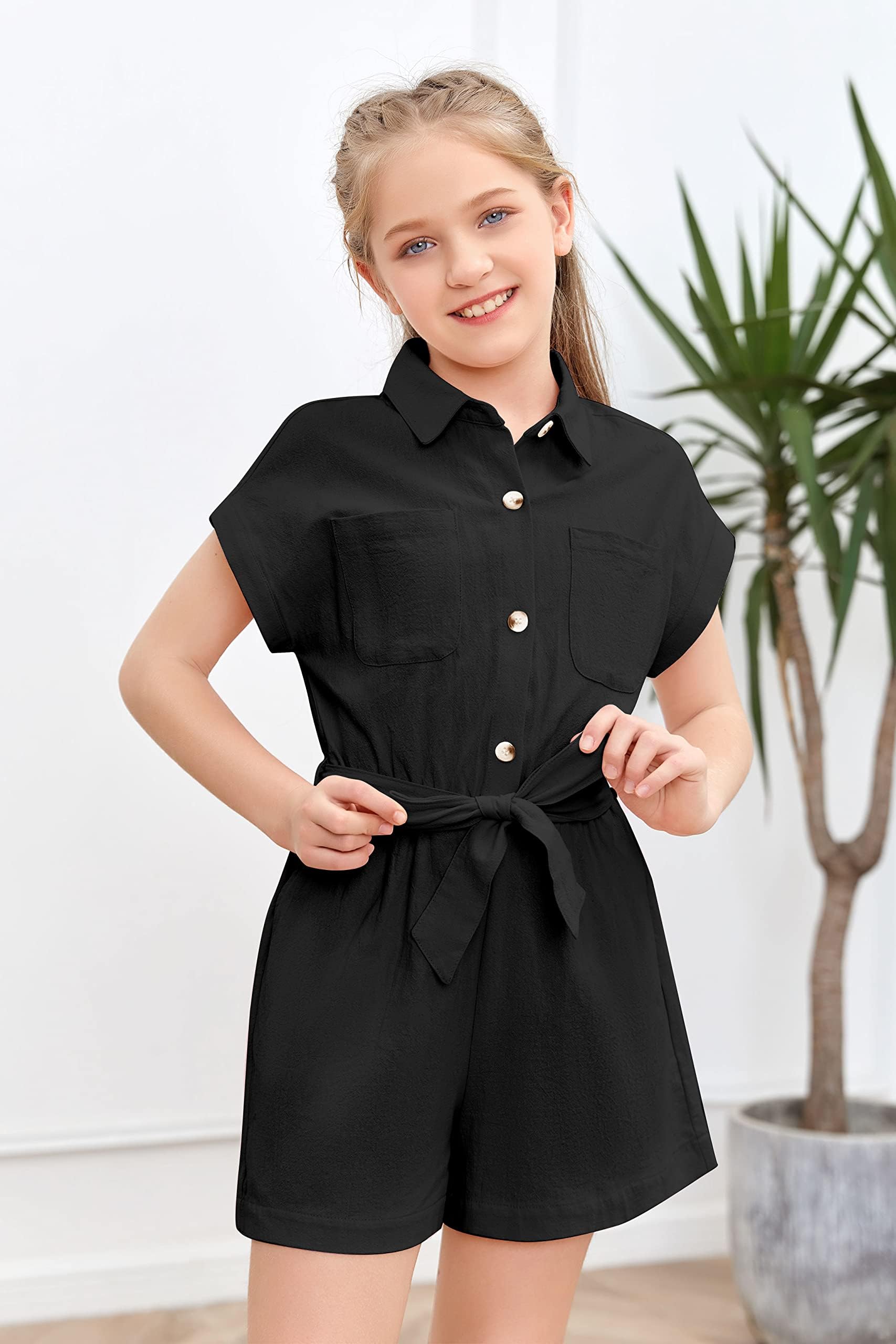 Haloumoning Combinaison d'été mignonne pour fille - Boutonnée - Avec ceinture - Courte - Avec poches