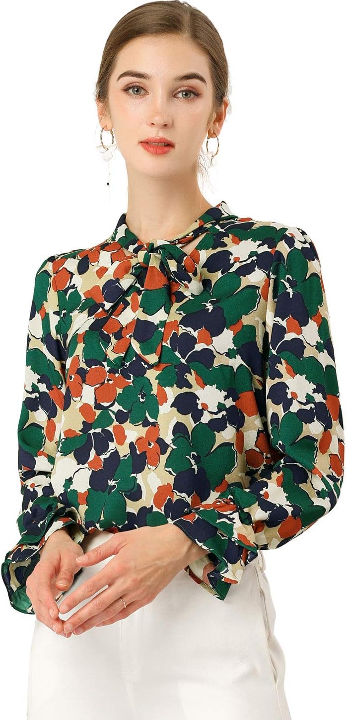 Allegra K Women’s Long Sleeve Blouse Floral Tie Neck Chiffon Ruffle Trumpet Top