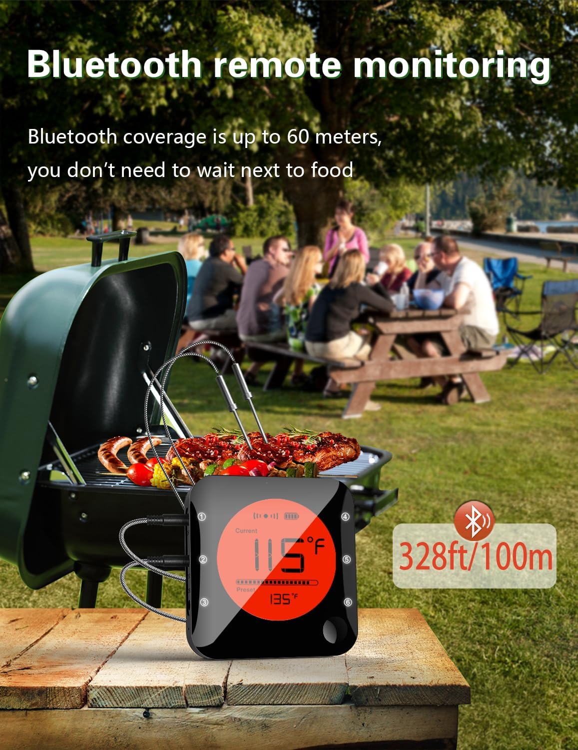 BFOUR Termometro da Cucina Digitale Termometro per Cucina Bluetooth Termometro per Carne Barbecue Wireless Termometro da Forno con Timer BBQ Griglia LED Display App 6 Sensori (Nero Chiaro, 3 Sonde)