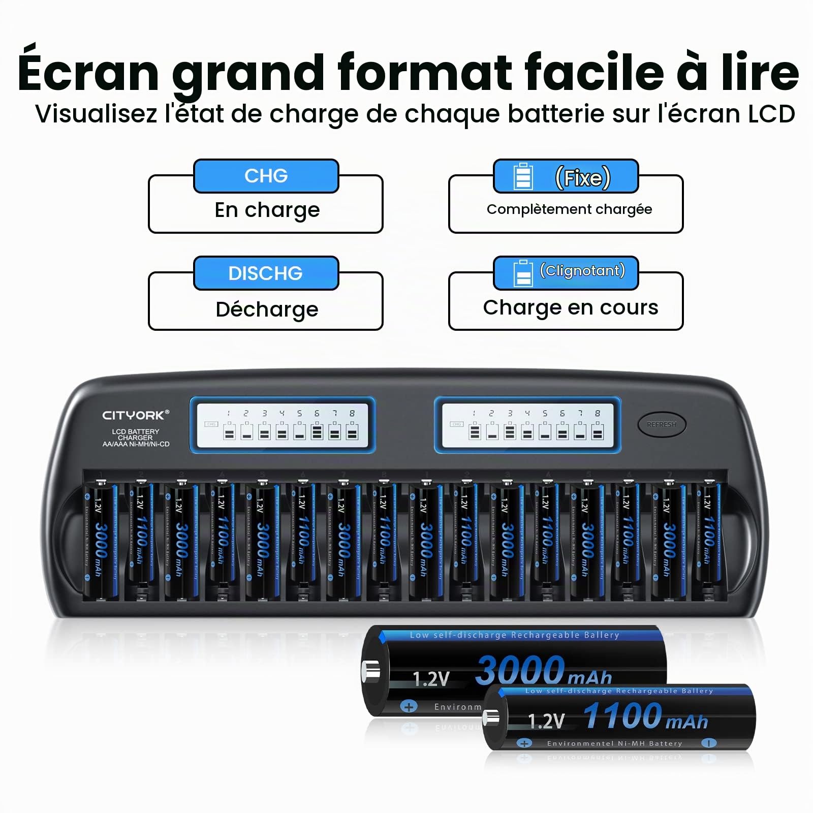 Chargeur de Batterie Intelligent LCD AA/AAA PALO 16 Baies avec 8 Piles Rechargeables AA 3000mAh et 8 Piles Rechargeables AAA 1100mAh