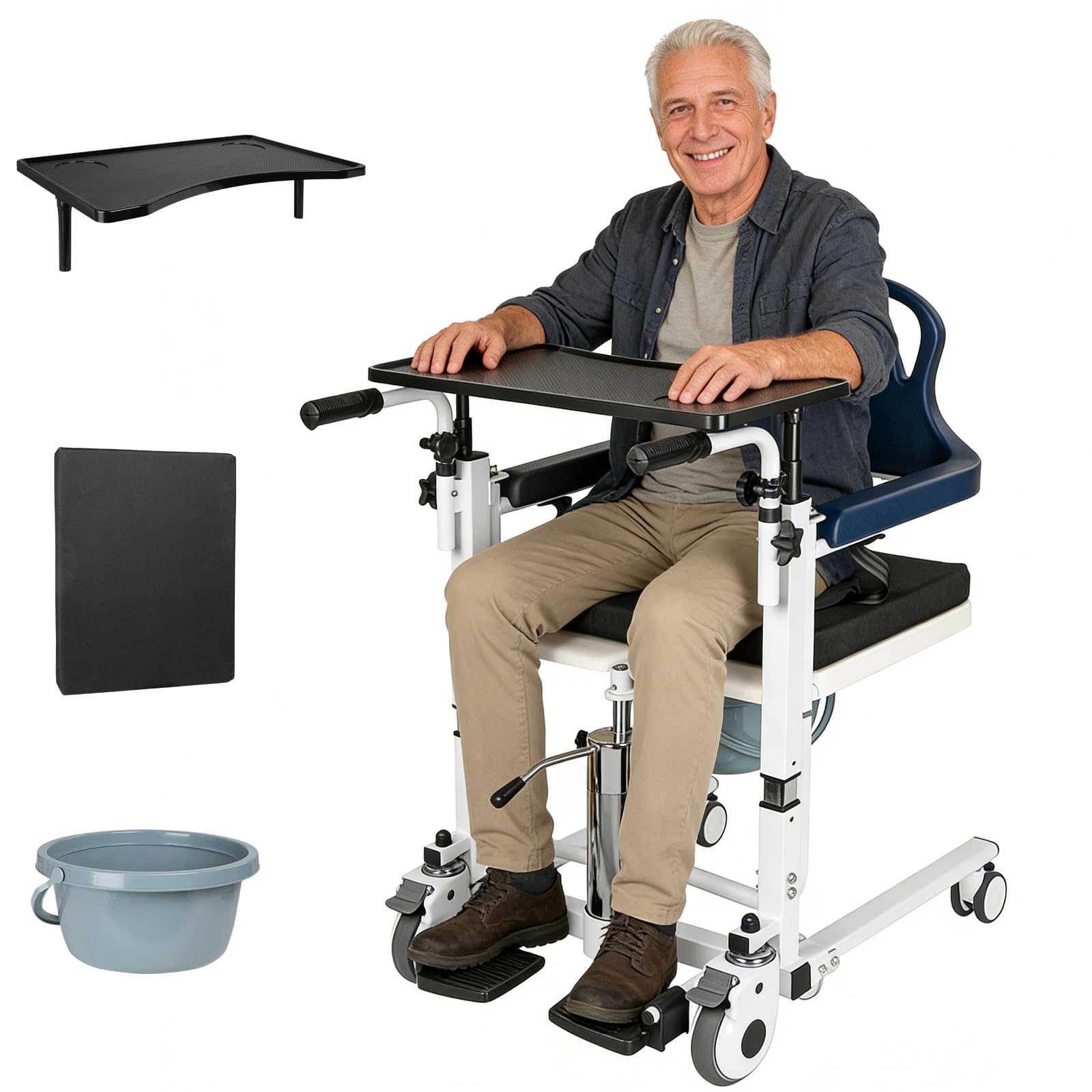 Photo 1 of mindmed 4 in 1 Hydraulic Patient Lift Transfer Chair, 180° Split Seat, 350lbs Capacity, Height Adjustable Nursing Wheelchair with Potty, Dining Table, for Elderly Disabled Home Care