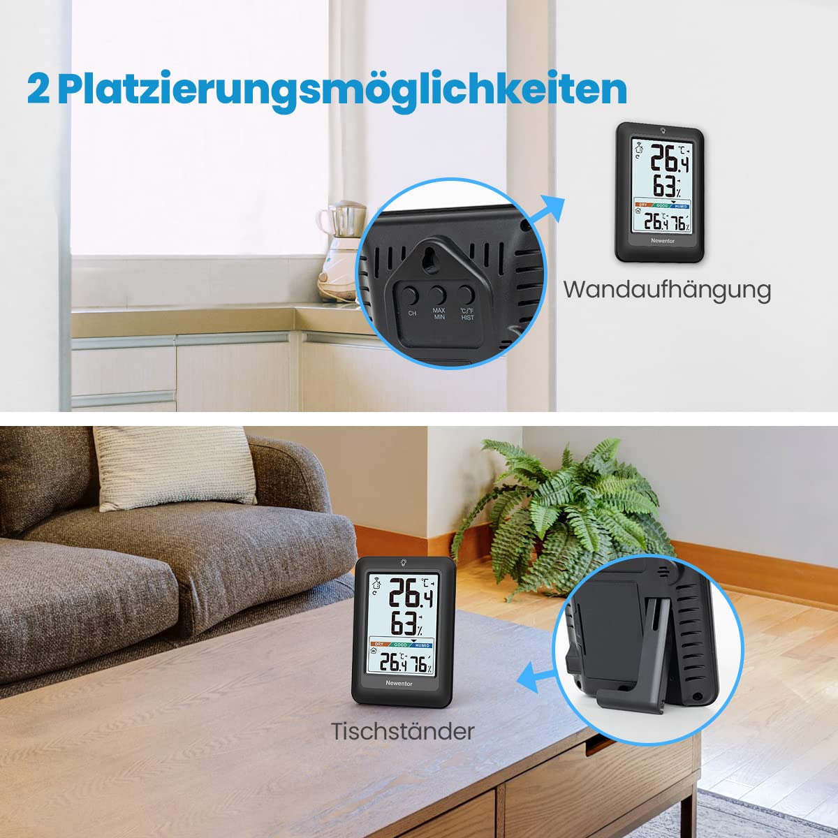 Newentor MAX MIN Thermometer innen außen 24/48 Std./alle Zeiten - Hygrometer Innen mit Luftkomfort - Wetterstation Funk mit Außensensor - Raumthermometer mit Beleuchtung, Schwarz, 1*Außensensor