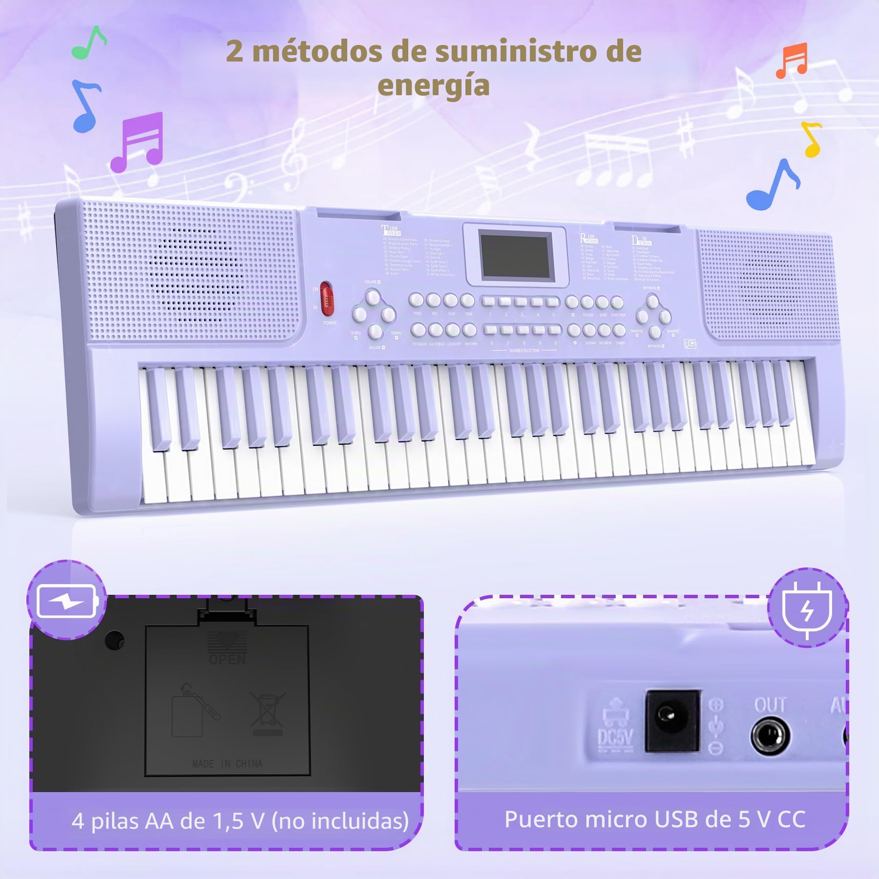 Piano digital electrónico para niños con teclas iluminadas, portátil, de 61 teclas, juguete musical educativo para principiantes con atril y micrófono. (Púrpura)