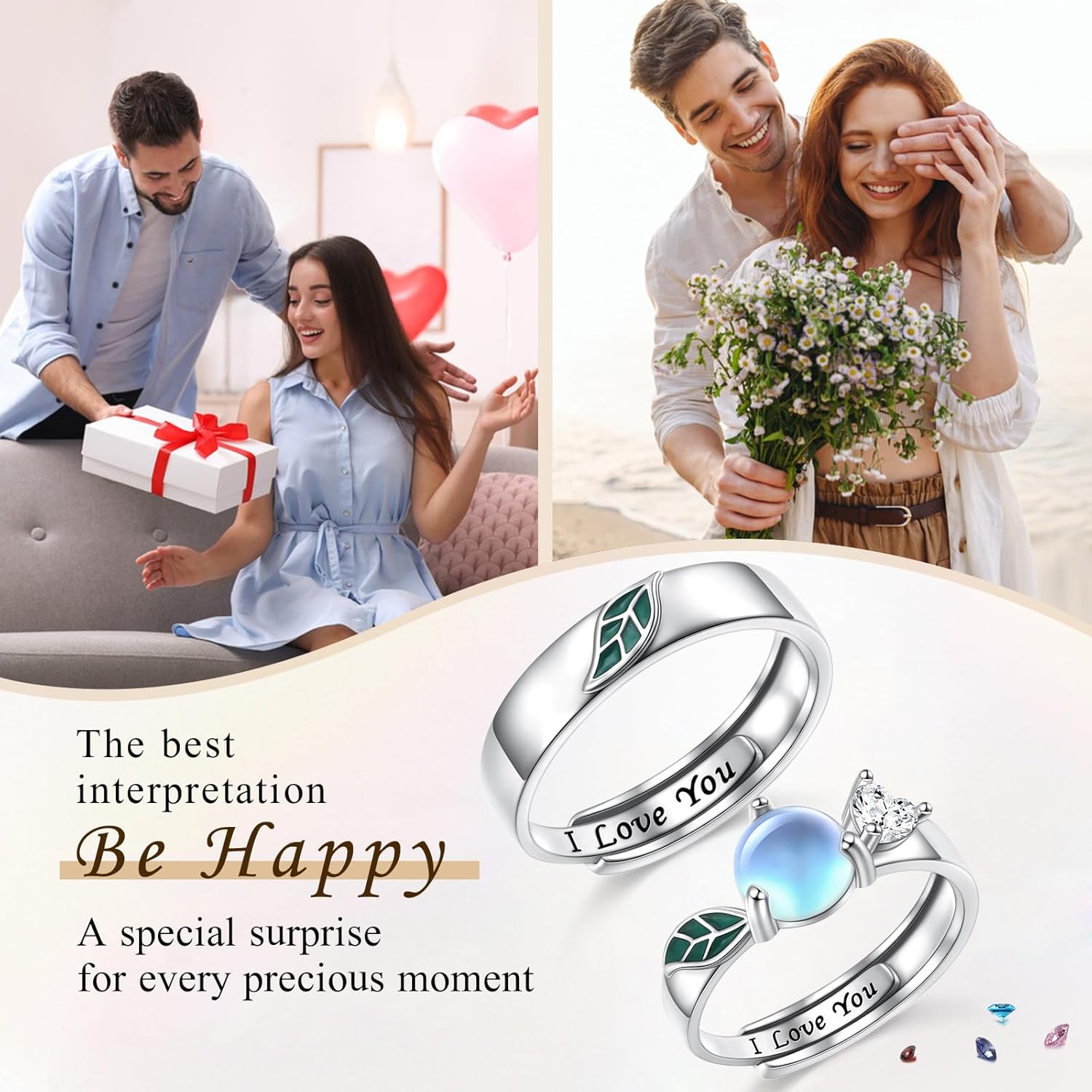 925 Sterling Silver Matching Promise Rings for Couples Him and Her, Moonstone Green Leaf Couple Ring Set, Wedding Valentine's Day Birthday Gifts for Her Wife Women