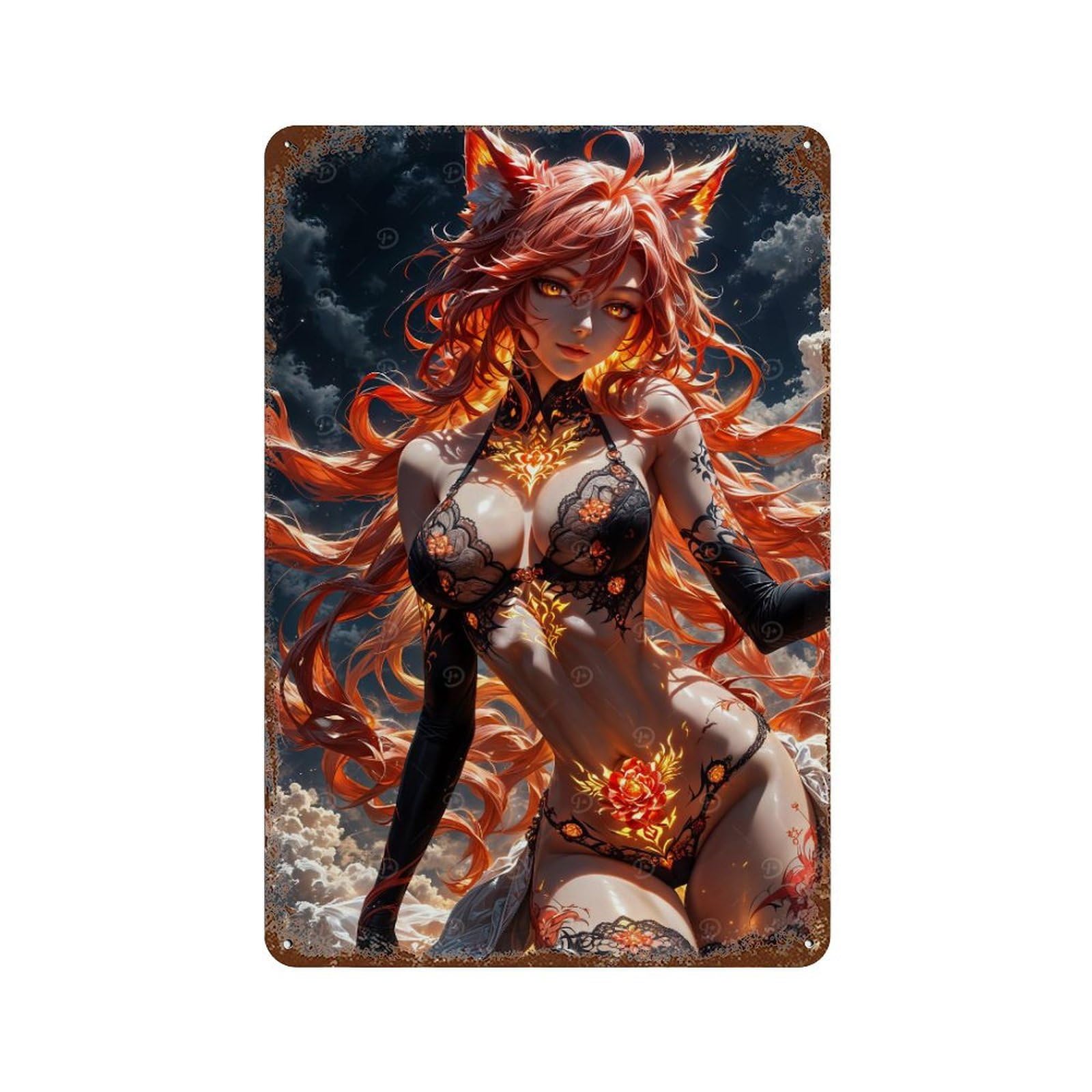 Rustic Tin Plaque with Fiery Fox Girl Design 11.8"x7.9", for Pub, Kitchen And Man Cave Decor, Old School Wall Decor