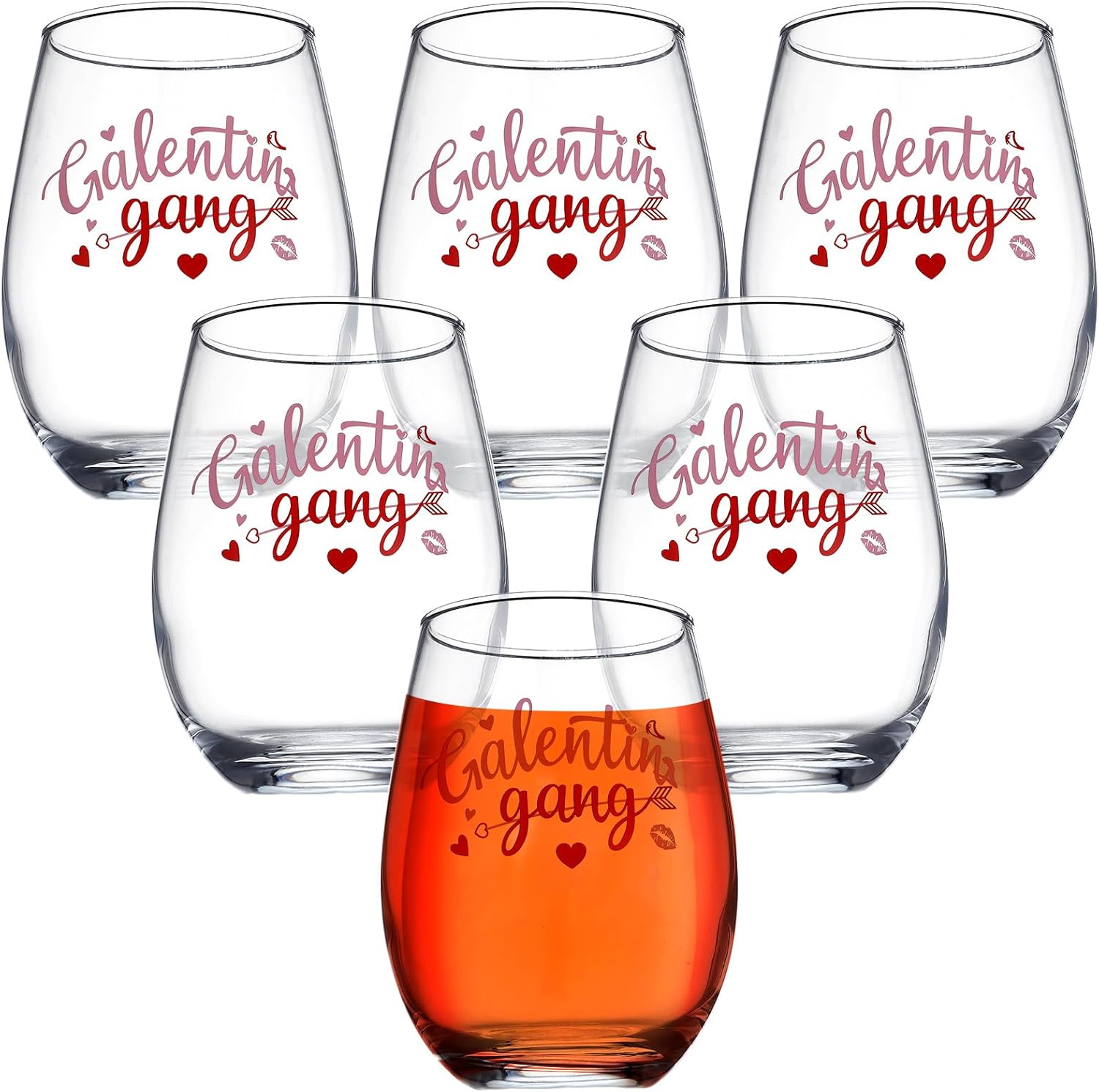 6 Pcs Galentines Day Wine Glasses 18.6oz Red Heart Lip Wine Glass Romantic Galentines Gang Stemless Glass Drinking Cups Gift for Friends Party Event