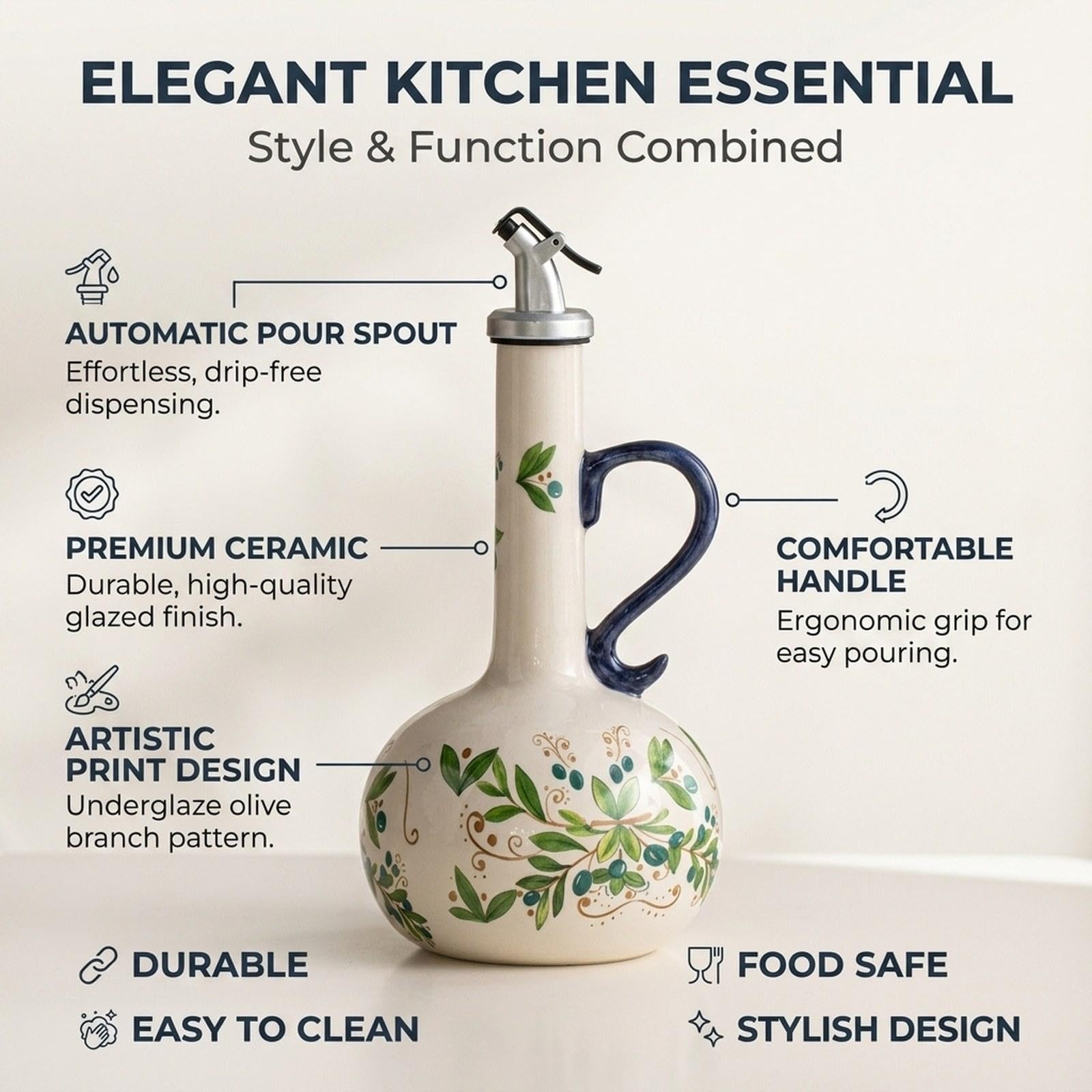 Qianly Botella Dispensadora Aceite Vinagre Cerámica Oliva Recipiente Especias Vertedor Automático Moderno Elegante Almacenaje Líquidos Apta para Cocina Uso D, Verde, Individual