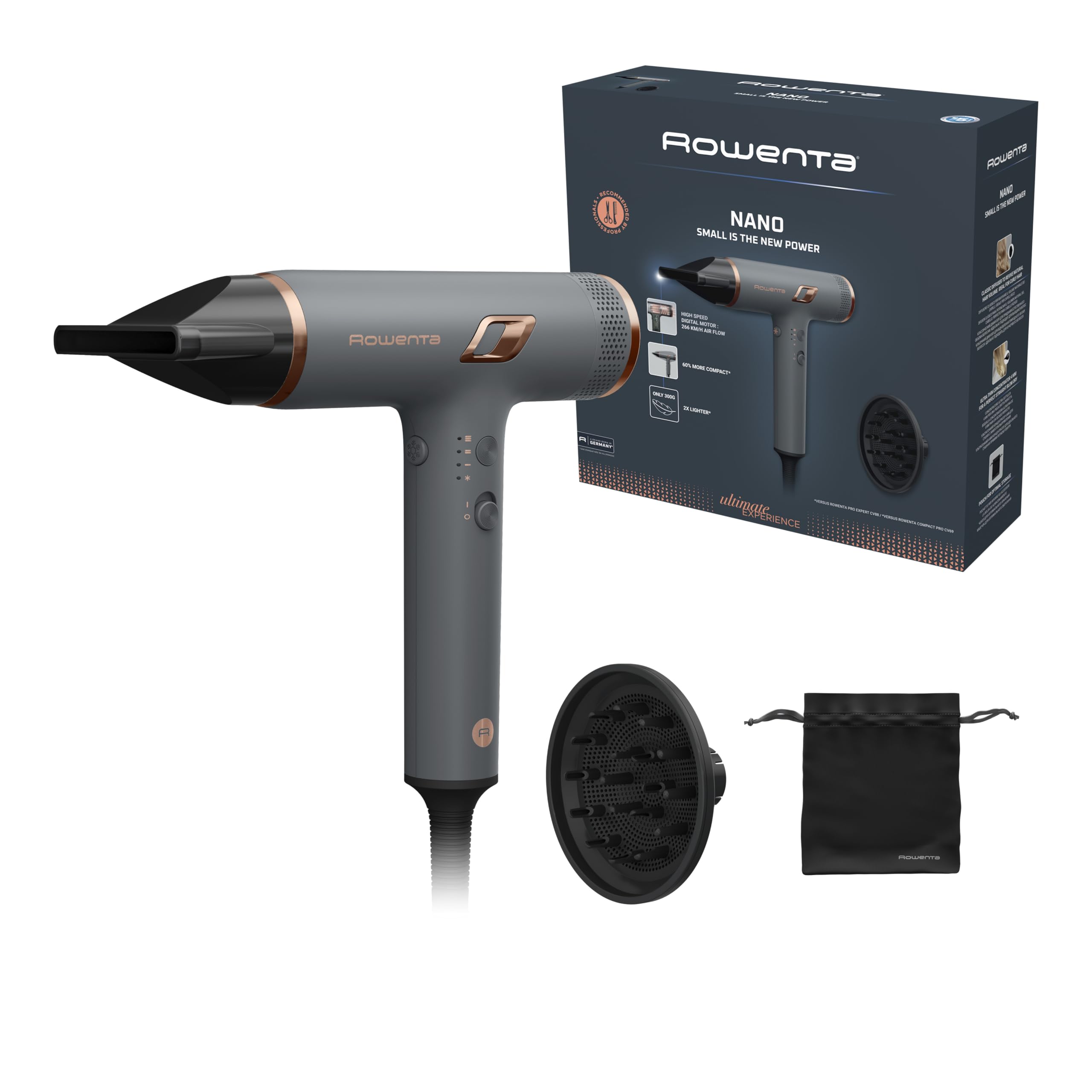 Rowenta Nano - Secador Profesional Compacto, Ligero, Motor de Alta Velocidad, Tecnología Ionic Control, Secado Rápido y Brillo Intenso, 1700W, HY8120