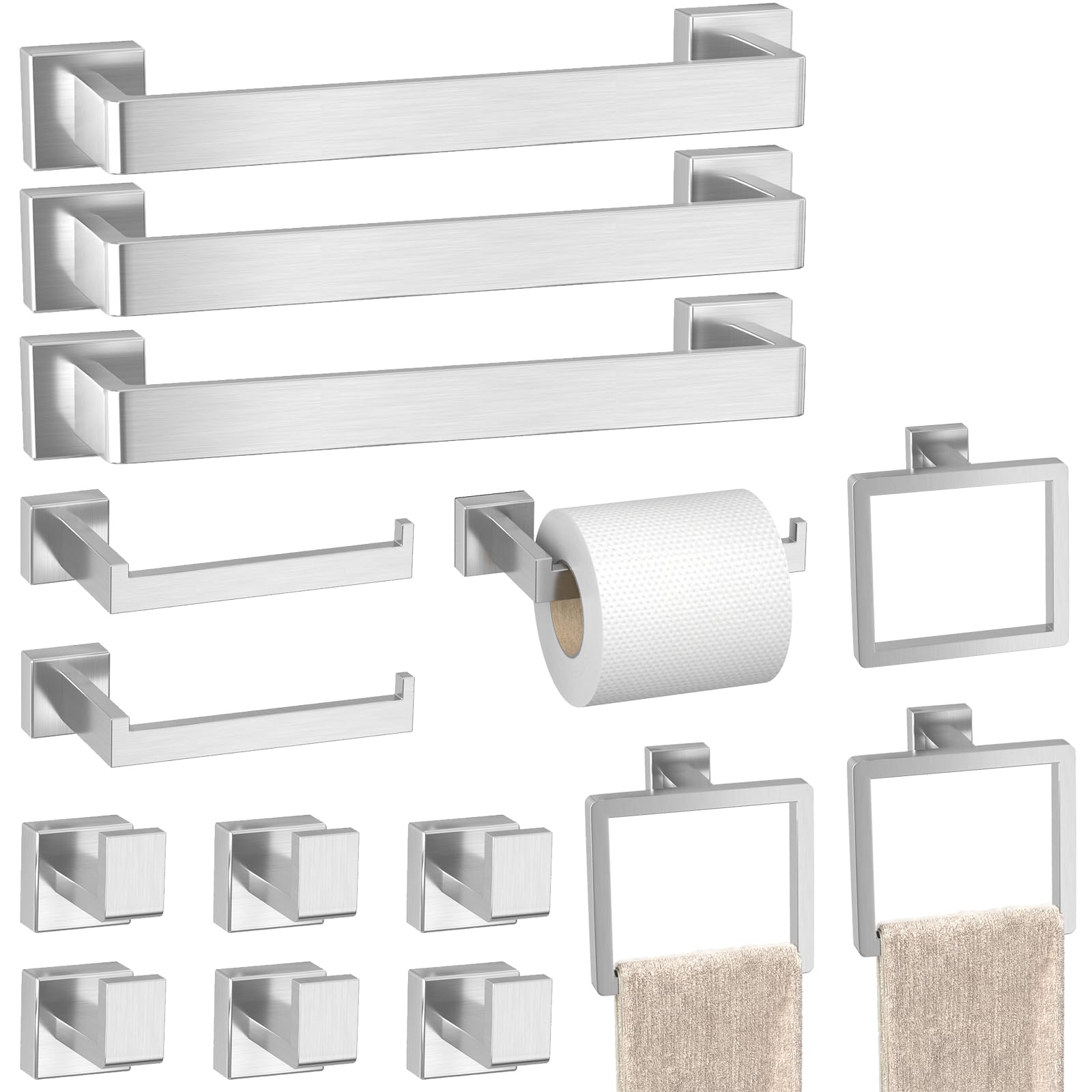 Bathroom Accessories Towel Bar Set: 15 Pieces Brushed Nickel Square Bathroom Hardware SUS304 Stainless Steel - Wall Mounted Towel Rack&Toilet Paper