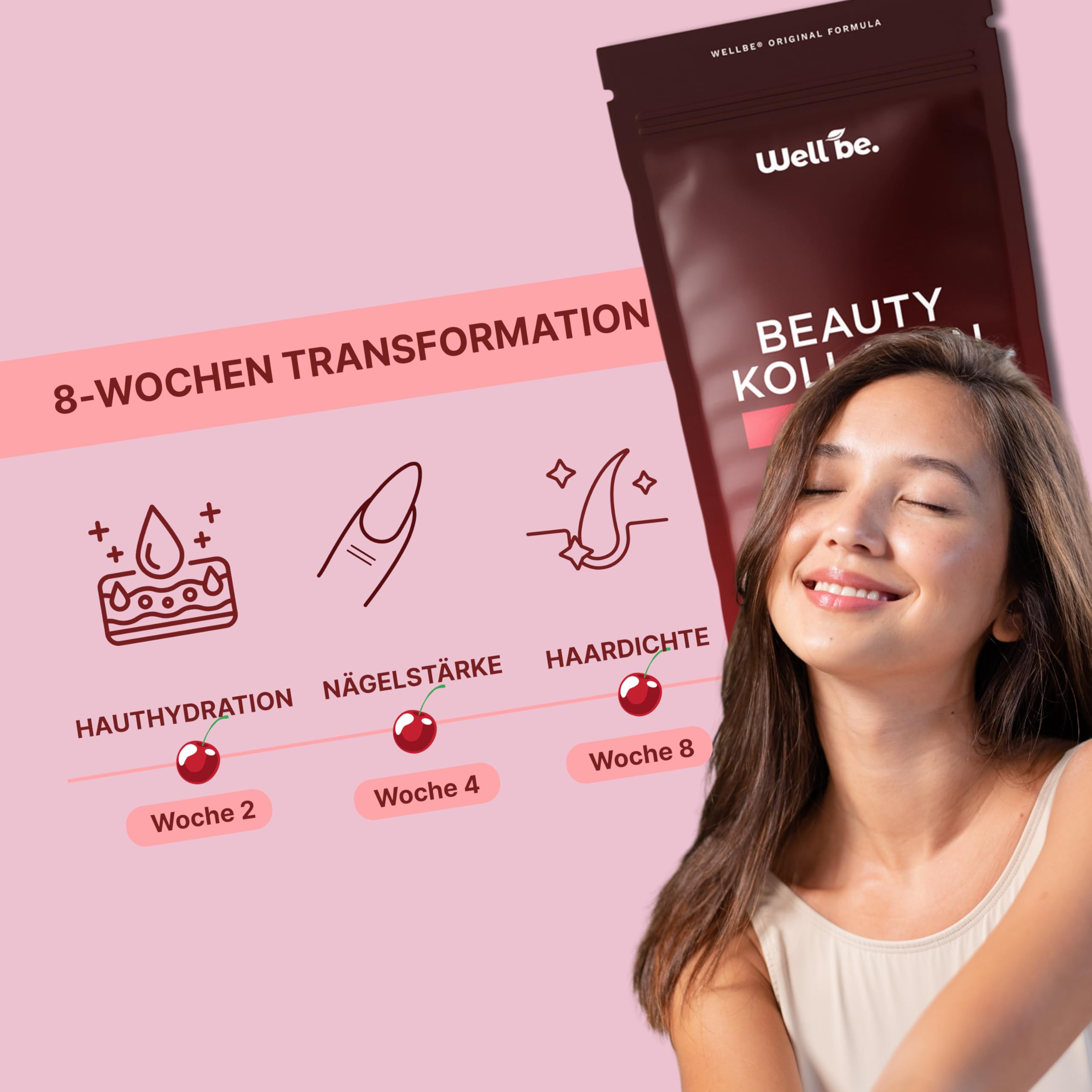 Wellbe Kollagen Pulver Kirsche - hochdosiert mit maximal bioaktivem Kollagen Hydrolysat, Biotin, Zink, Vitamin C & Hyaluron - Collagen Pulver - Kollagenpulver Peptide Made in Germany 3x250g