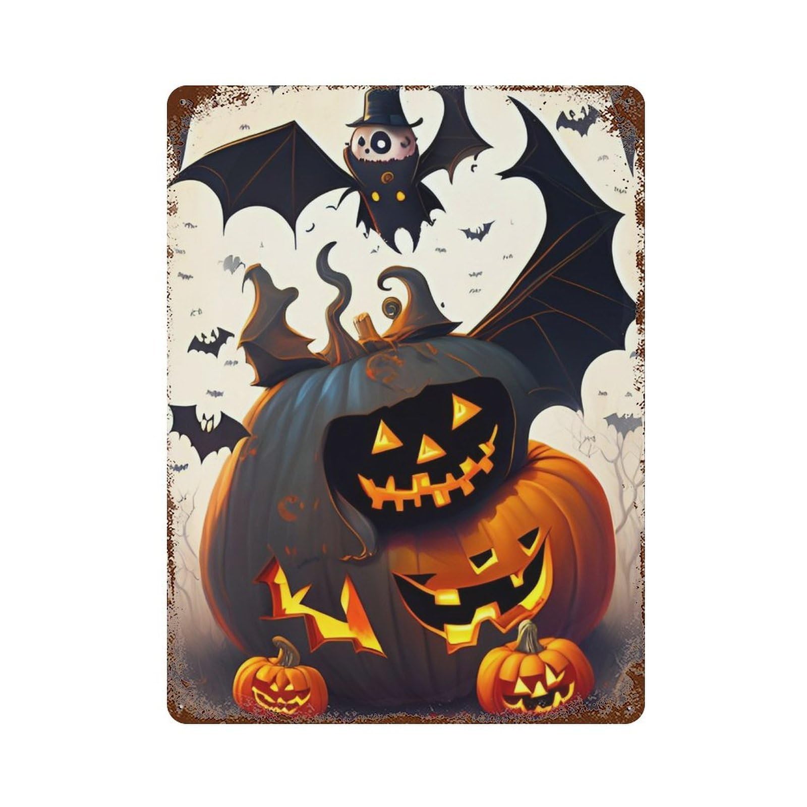Rusty Metal Tin Sign with Halloween Pumpkin Lanterns with Bats Design 15.7"x11.8", for Farmhouse, Kitchen And Entryway Decor, Rustic Home Decor