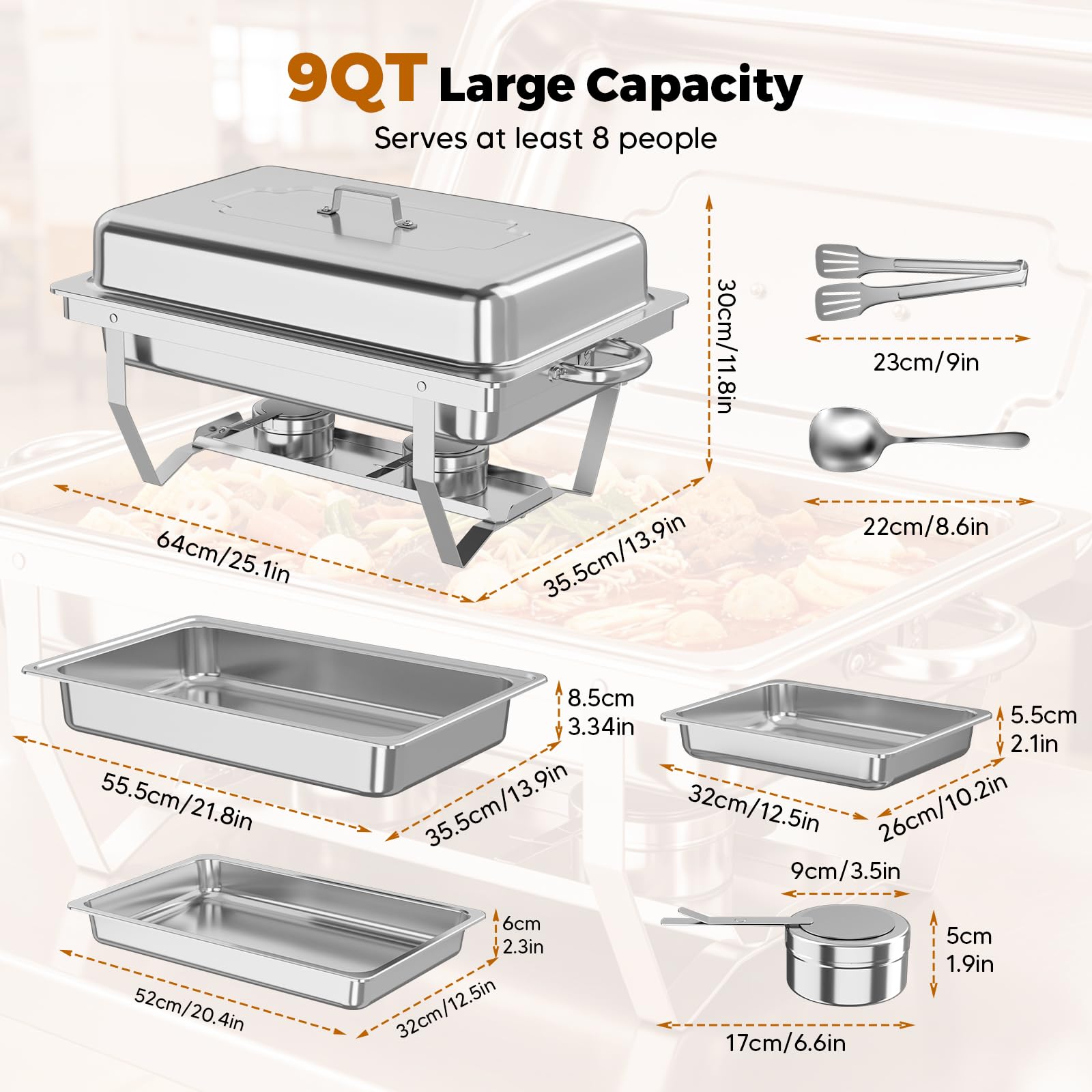Chafing Dish Buffet Set 9L, 4pcs Edelstahl Warmhaltebehälter mit Deckel Lebensmittelpfannen und Brennstoffhaltern, Speisenwärmer für Catering, Buffet und Party Speisenwärmer