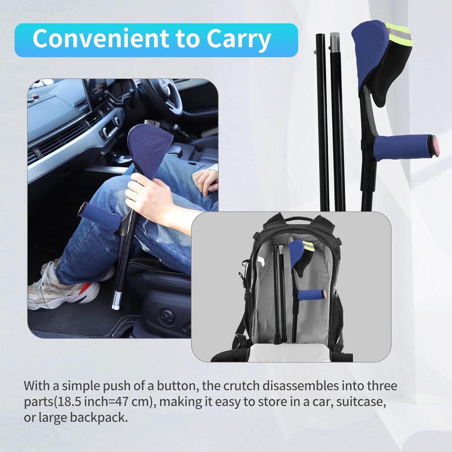 Forearm Crutches for Adult Men or Women with Cushion, 1 Pair, Adjustable, Foldable Arm Crutch with Elbow Strap, Light and Portable Crutches for Patients