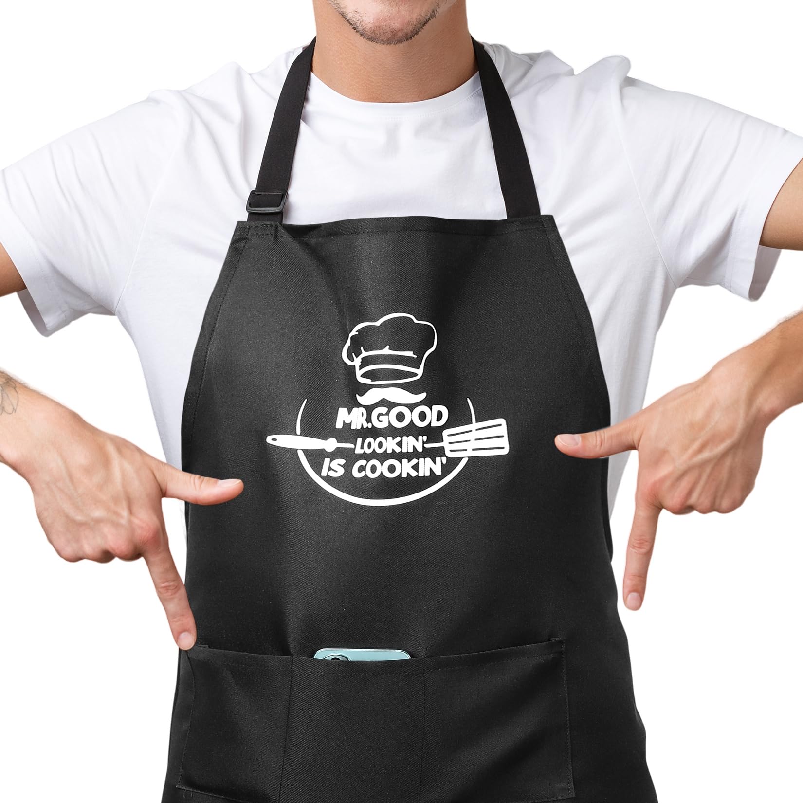 Jttxiu Delantal de Cocina Negro para Hombre y Mujer, Chef, Impermeable, Ajustable, con Bolsillos para Cocinar, Café, Jardinería y Restaurante