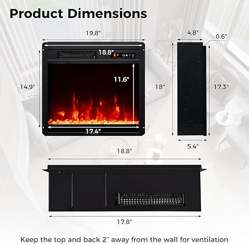 Miniatura 3 de COSTWAY Inserto de chimenea eléctrica de 18 pulgadas, calentador de chimenea de 750 W/1500 W con control remoto, color y brillo de llama ajustables,
