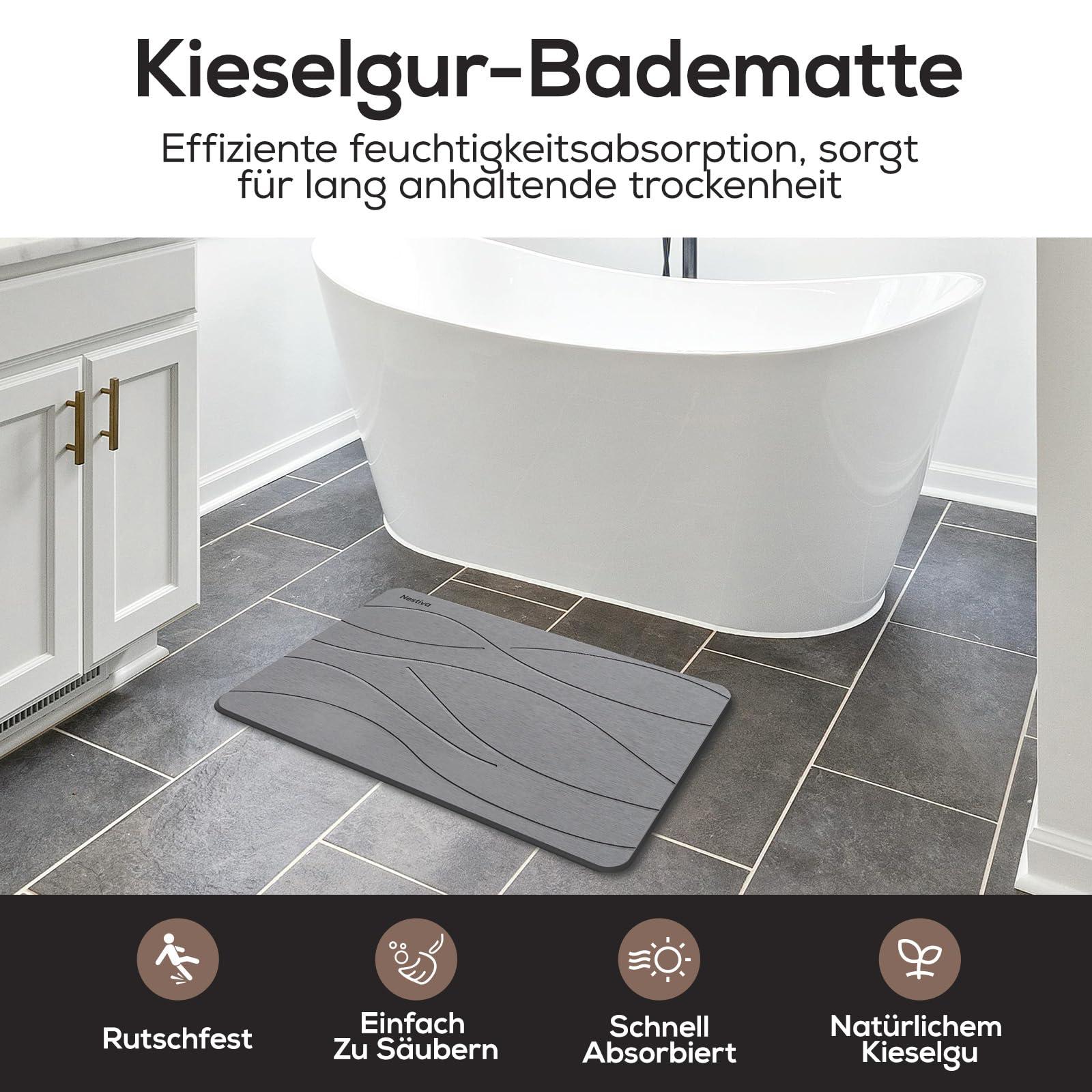 Kieselgur Badematte Rutschfest – Schnelltrocknend, Faltbar, Für Badewanne & Dusche, Weiß, Größe M