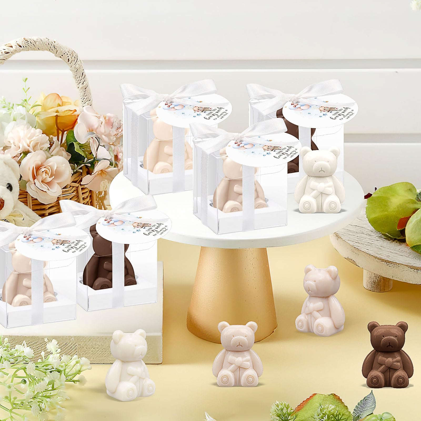 Lot de 36 Savons Ourson Cadeaux pour Baby Shower avec Étiquettes et Boîtes Cadeau, Savons Parfumés Miniature Invités, Cadeau Naissance Baptême Fille Garçon Déco Fête Mariage