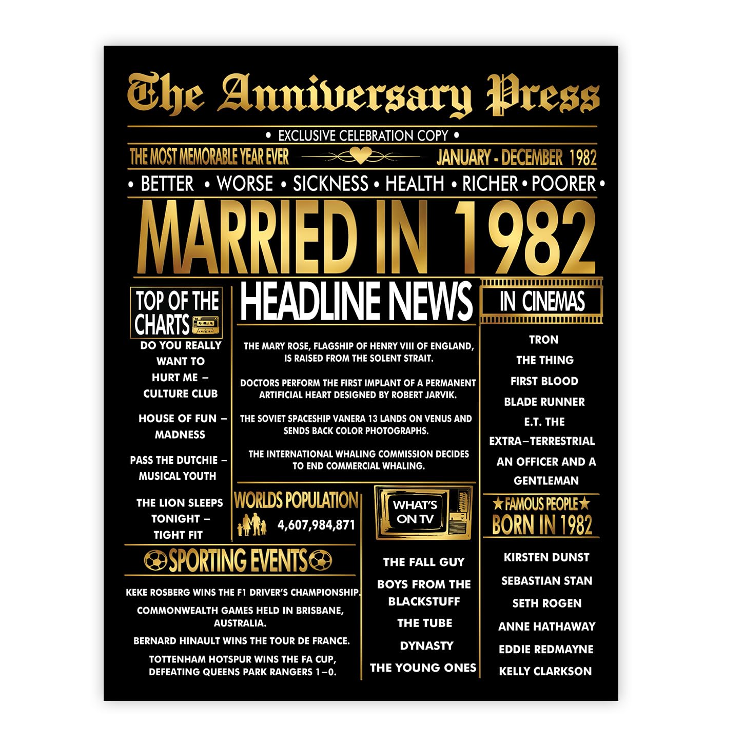 Stuff4 Gold 44th Anniversary Poster Unframed - Golden Married In 1982 Newspaper - 44 Wedding Anniversary for Men Women Vintage Gifts Back In 1982, 8x10 Inch Anniversaries Posters