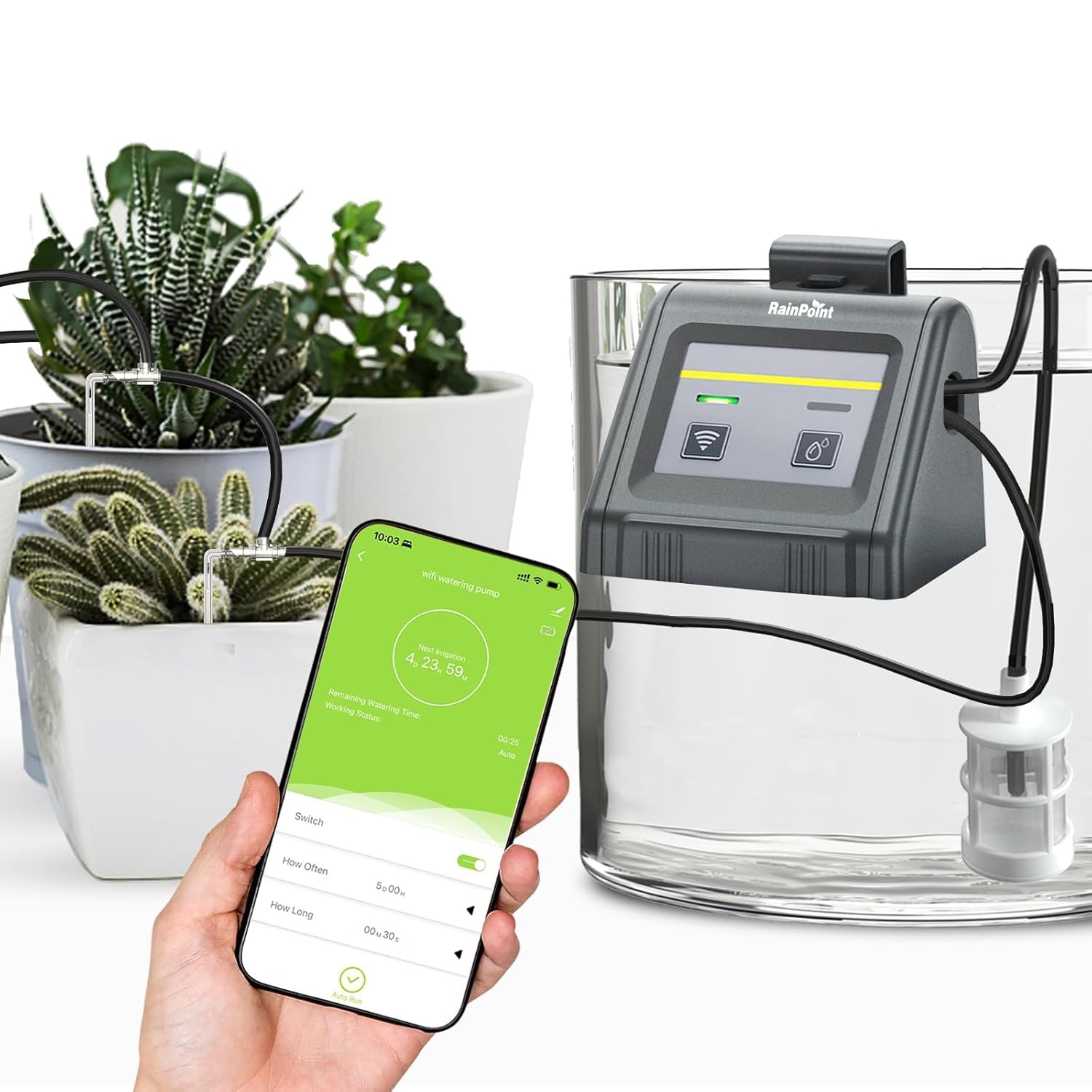 Rainpoint Bewässerung Tropfen, automatisch, WiFi, Wasserfluss verstellbar, Steuerung per App, automatisches Bewässerungssystem für Zimmerpflanzen, Garten, Balkon, bis zu 10 Töpfe