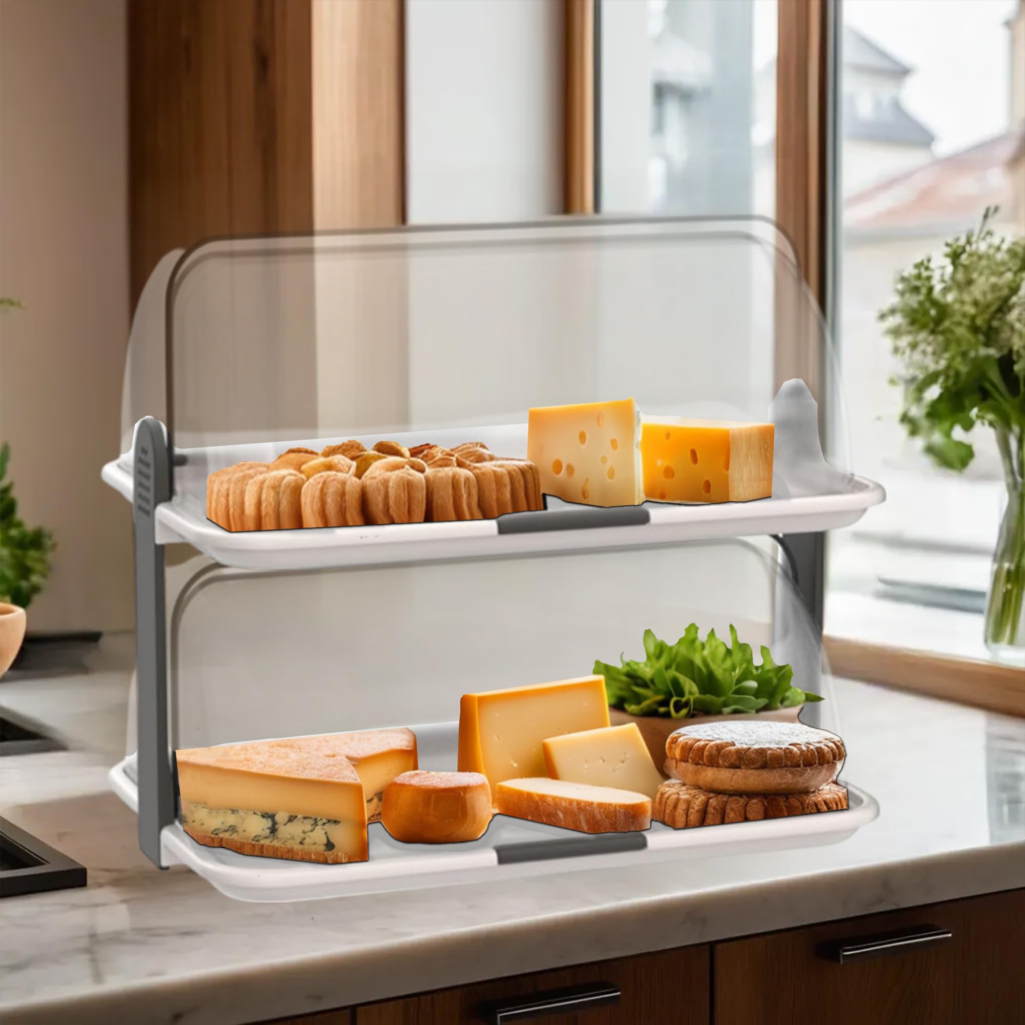 Sicignano | Vitrina expositora doble para mostrador, blanco, 46,5 x 31,5 x 40,5 cm – Expositor neutro para bar, restaurante, bufé, B&B, desayuno, almuerzo, cena, vitrina para dulces – 2 pisos