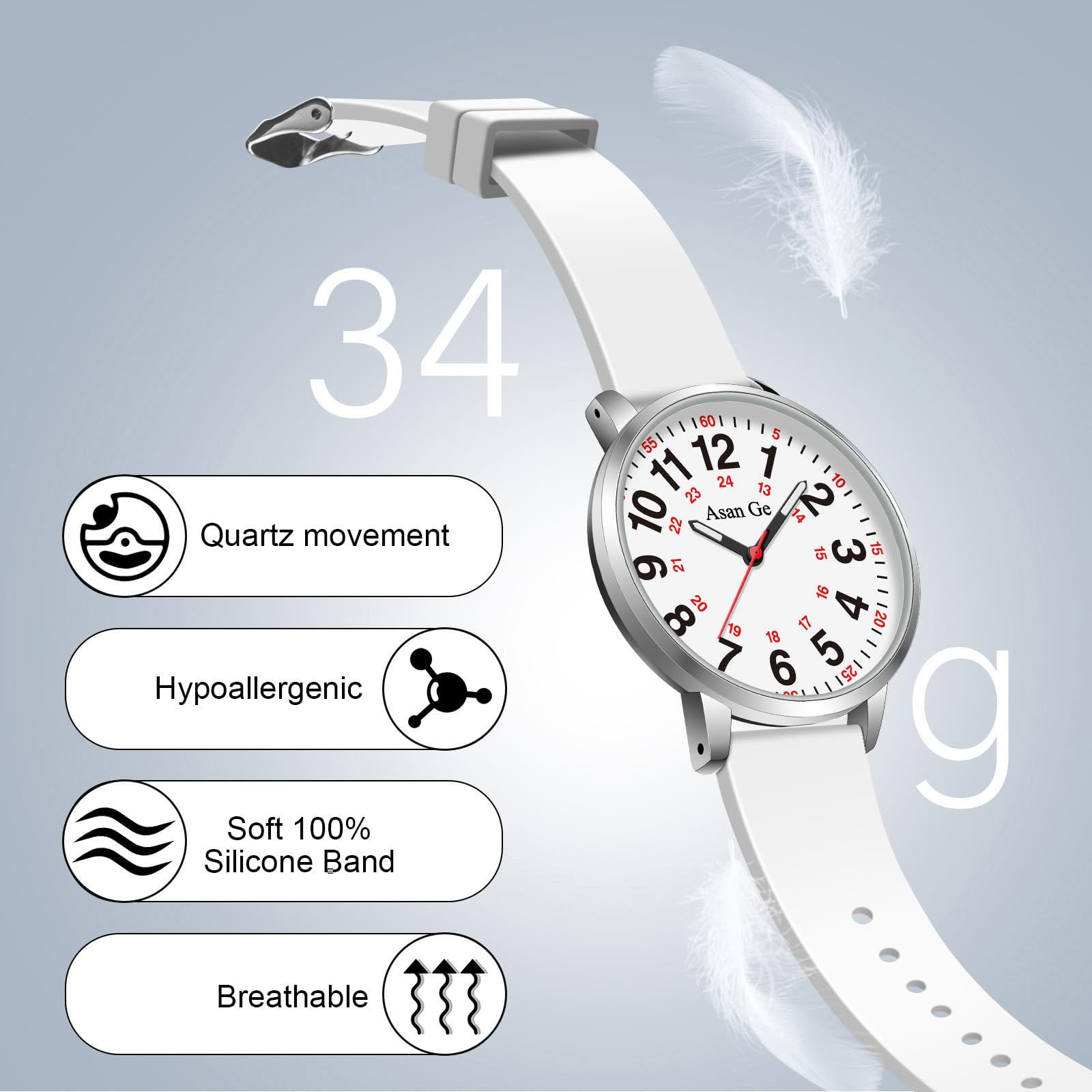 Asan Ge Nurse Watch for Nurse Medical Professionals Students Doctors Women Men Waterproof Watch 24 Hour Military Time Luminouse Easy to Read Dial with Second Hand