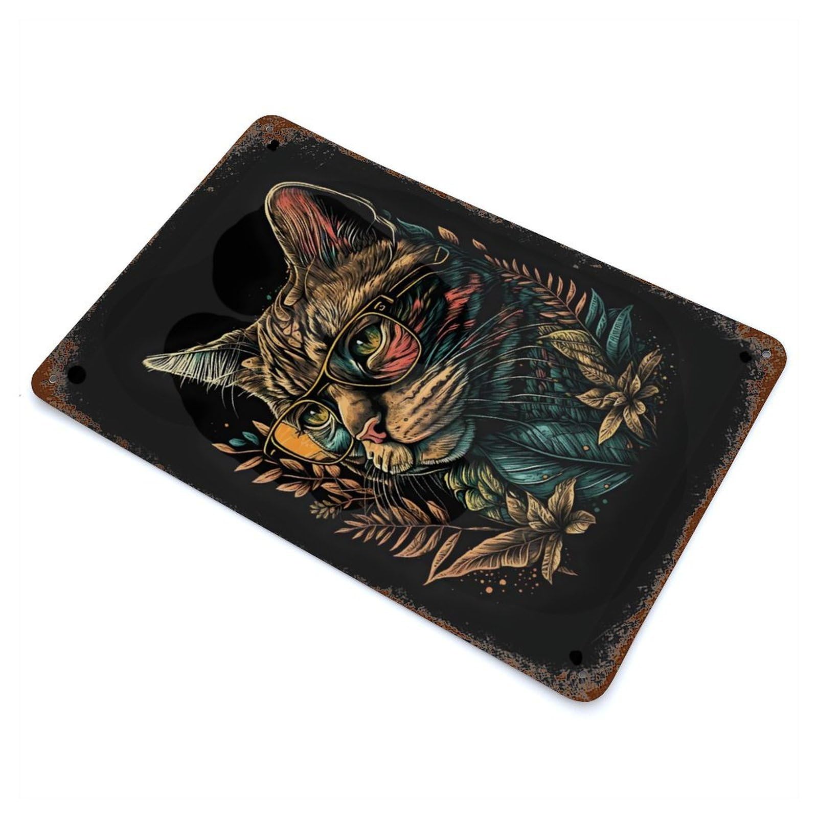 Retro Cat Art Weathered Tin Sign 11.8"x7.9", Shabby Chic Decor for Garage, Pub Or Kitchen