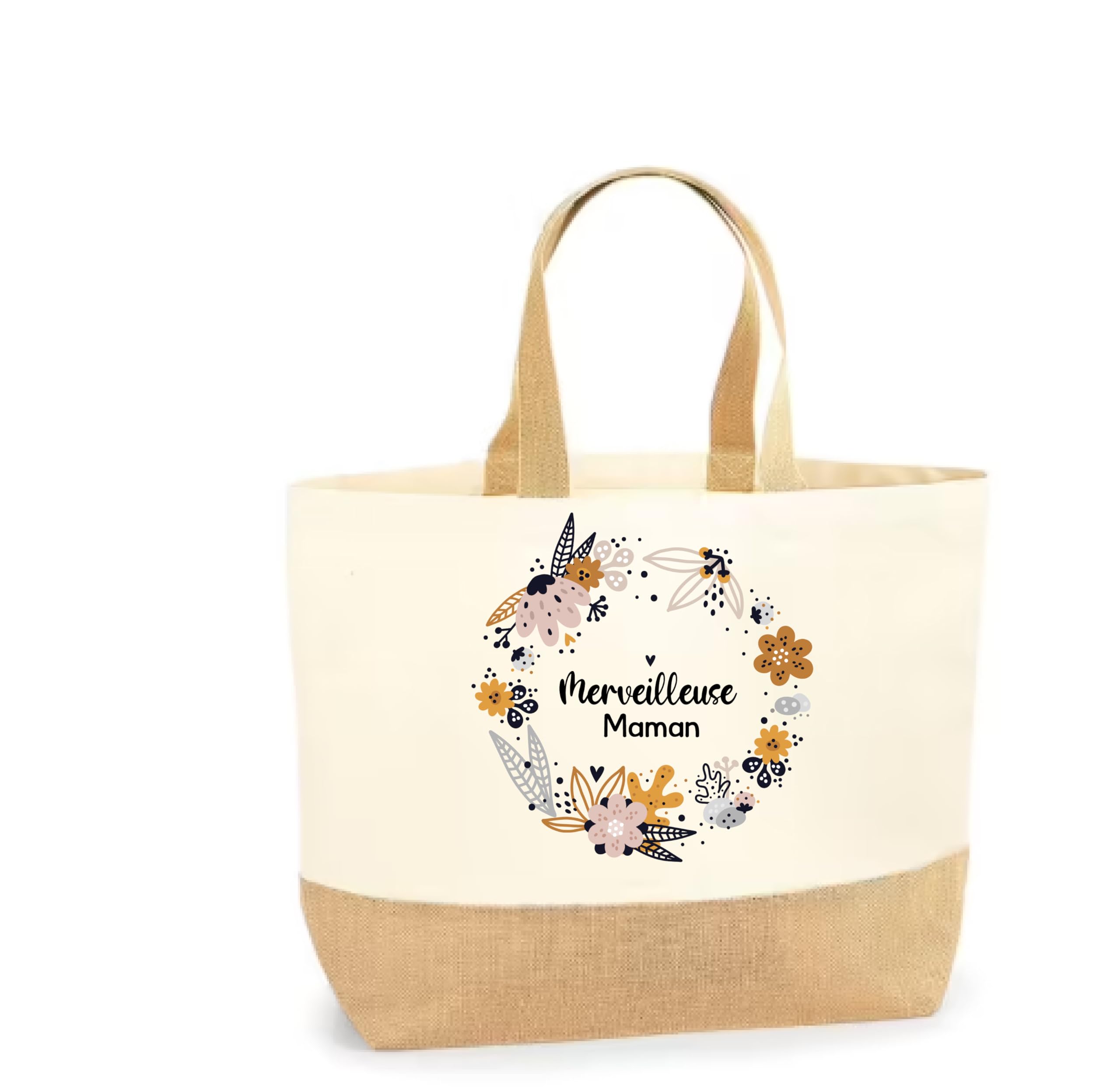 Sac Shopping "Merveilleuse Maman" avec Couronne de Fleurs – Sac en Toile de Coton et Jute Laminé, Dimensions 38x44x18 cm, Capacité 29L, Cadeau Idéal pour Maman