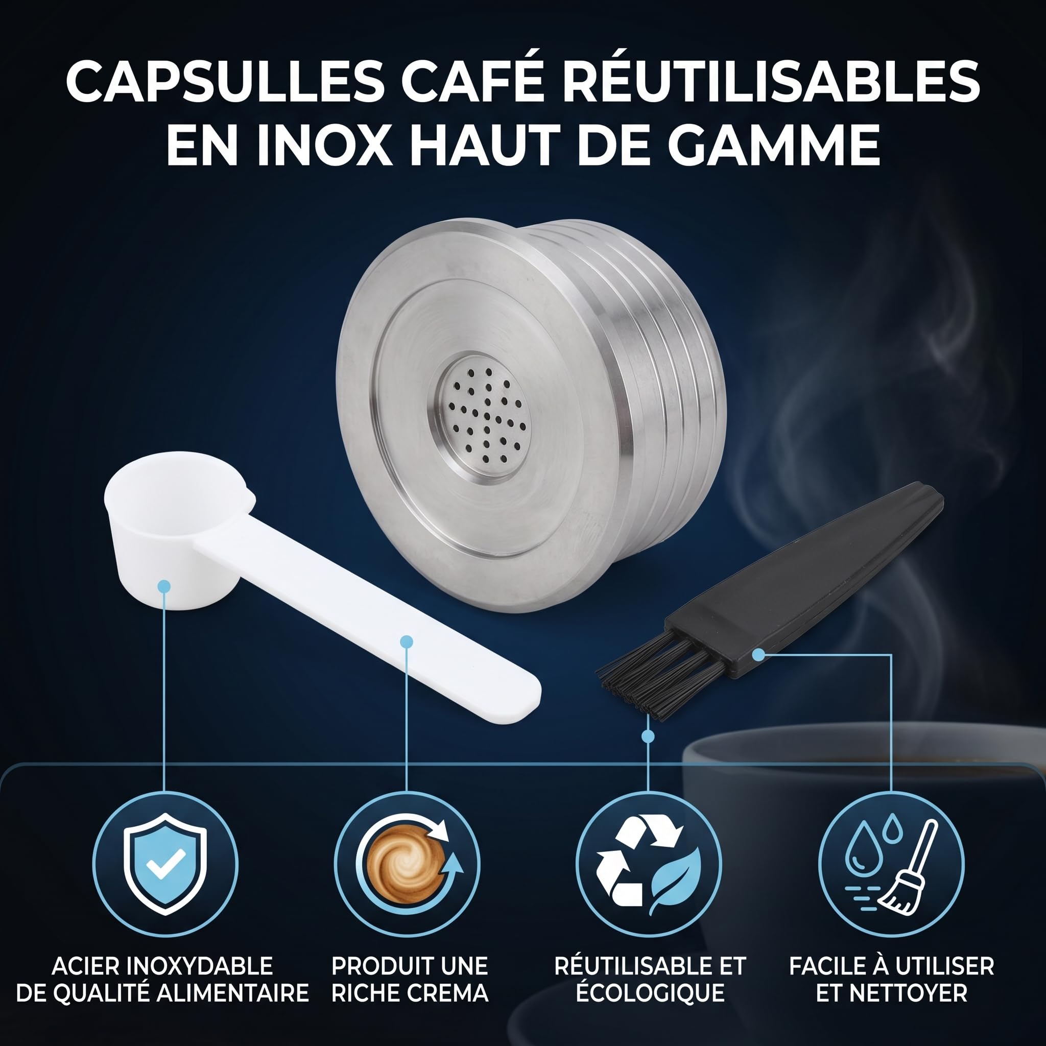 Cápsula de café reutilizable de acero inoxidable y cepillo, filtro recargable fácil de limpiar para DELTA Q NDIQ7323