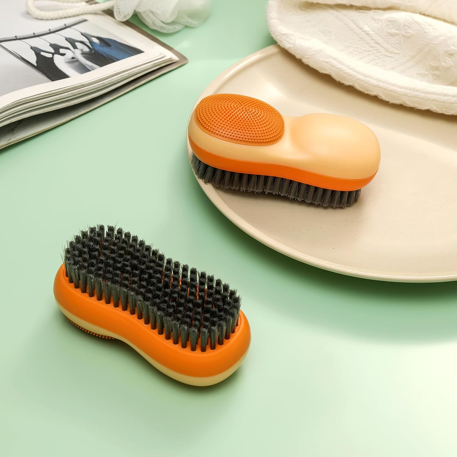 Laundry Stain Brush Two-Side Soft Bristle Scrub Brush for Stain Removal Silicone Household Clothes Washing Brush Dual-use Scrubbing Brush for Clothes Underwear, 2 Pack (Blue and Orange) - Image 5
