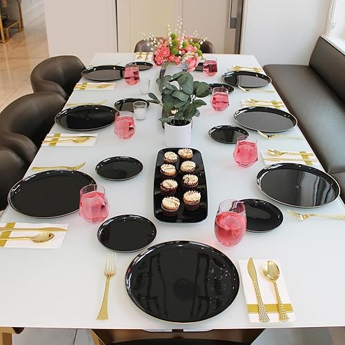 Miniatura 5 de PARTY BARGAINS Platos desechables de 10.6 pulgadas con borde de oro negro, paquete de 20 unidades, platos de plástico resistente para coleccionar