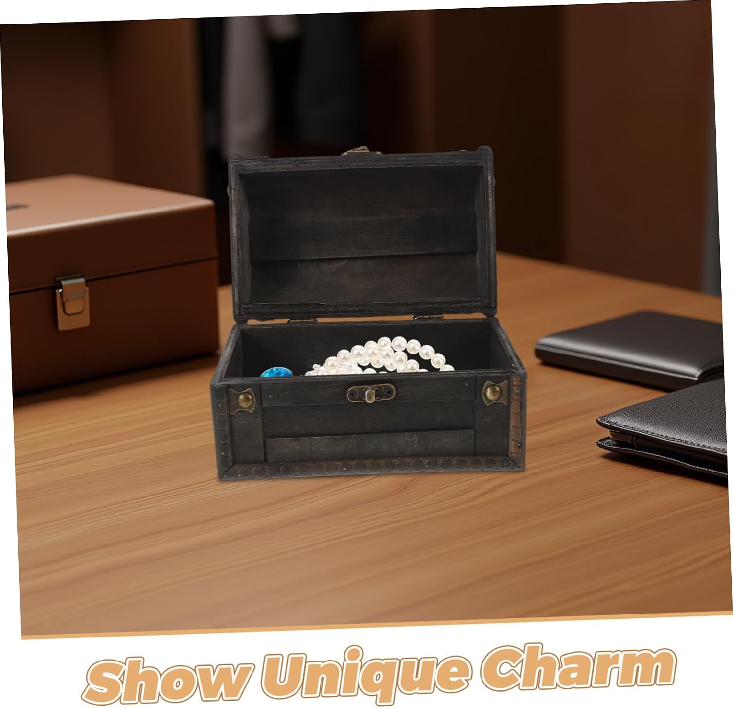 SUPVOX Wooden Jewelry Organizer Vintage Treasure Chest Trinket Storage Box with Handle Decorative Keepsake Case for Jewelry and Party Favor