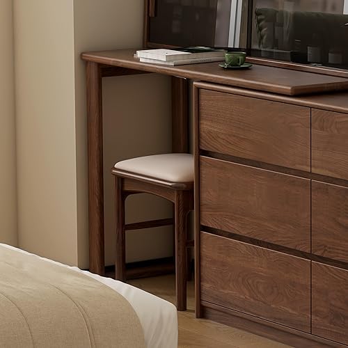 Miniatura 6 de Taburete tapizado con patas de madera maciza, reposapiés otomano acolchado de cuero de nogal para entrada, cocina, 1 unidad Nuez,Nogal sin cojín