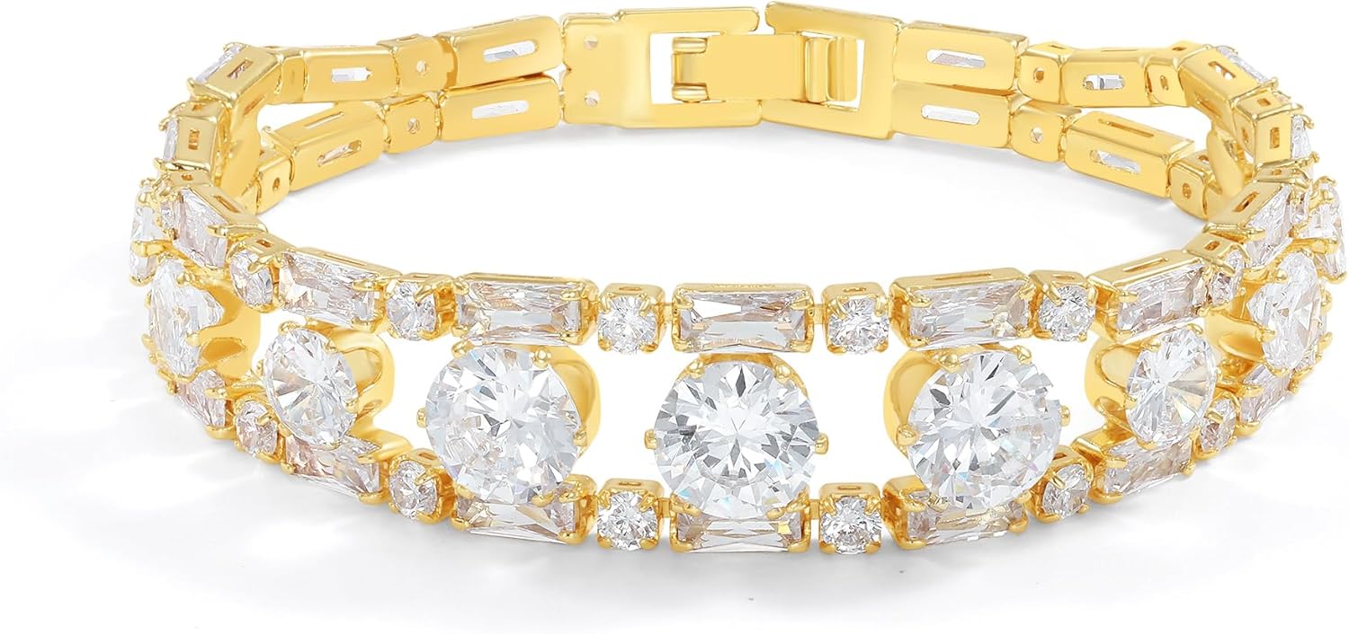 14K Elegant CZ Line Bracelet: 14K Gold Plated Sparkle for Every Occasion 14K Gold Plated Womens Tennis Bracelet Sleek CZ Line Bracelet, Fits 6.0"7.2" Wrist Sparkly Everyday Jewelry Gift, Contemporary Tennis Bracelets for Women Elegant CZ Line Bracelet: 14K Gold Plated Sparkle for Every Occasion