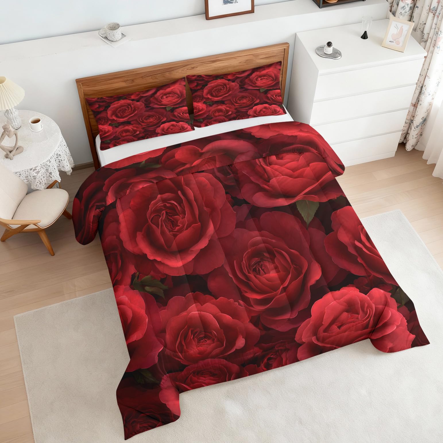 Generisch Bettdecke 155x220 Blumen Rot - 4 Jahreszeiten, Vintage 3D Rosen Blumenmuster Steppdecke & 1 Kissenbezug 80x80 - Schlafzimmer Deko, Weiche Mikrofaser Ganzjahresdecke Ohne Bezug #m350