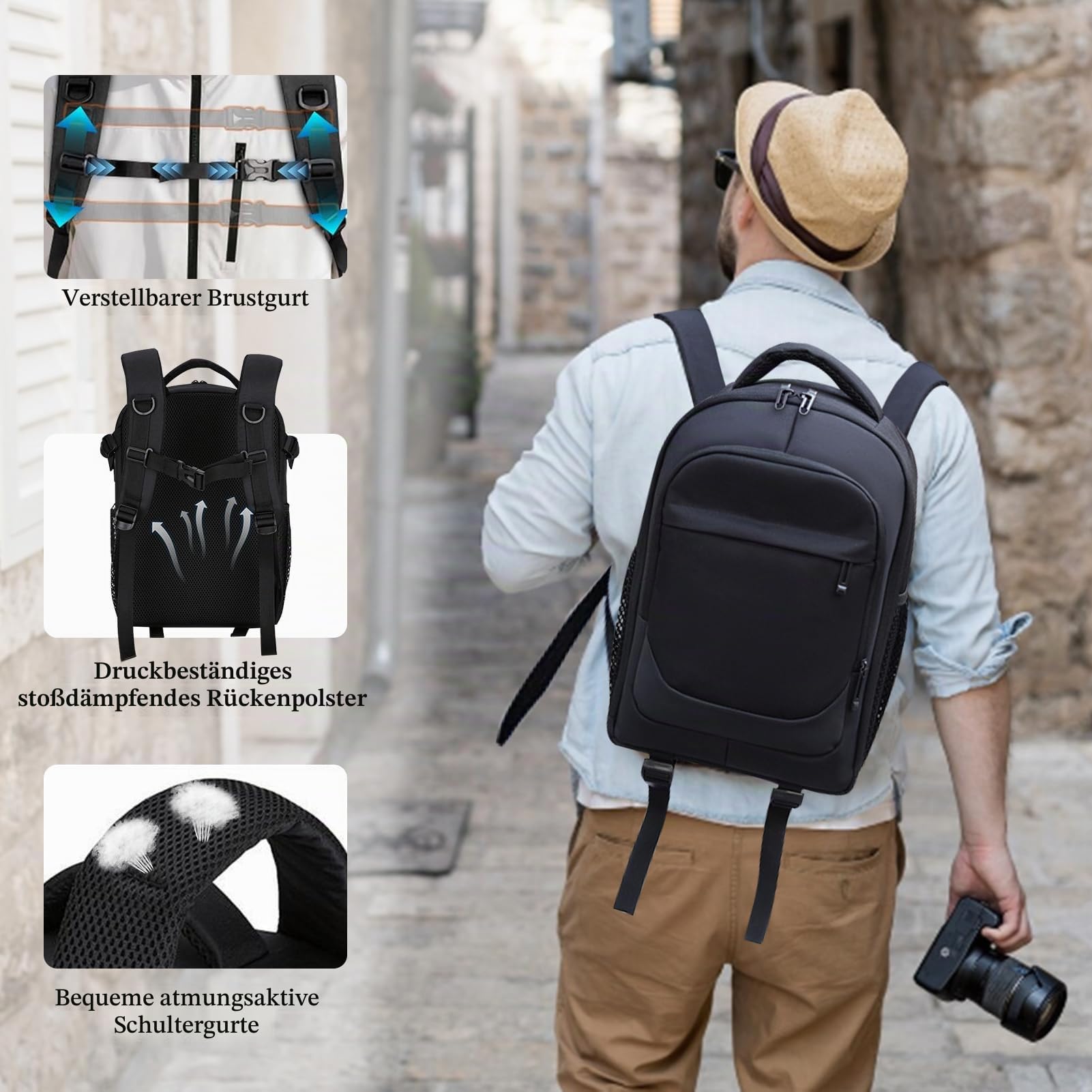 Kamerarucksack Groß, Fotorucksack für DSLR, Spiegelreflexkamera und spiegellose Kamera, Kamera Rucksack 39 x 29 x 19 cm mit Regenhülle, Trennwänden, Laptopfach und Brustgurt, Schwarz