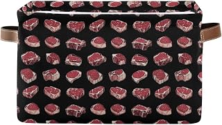 Retro Food Beef Steak Meat Storage Basket Canvas Fabric Foldable Storage Bins Boxes Organizer with Handles for Home 14×10×8.3 Inch 1 Pack