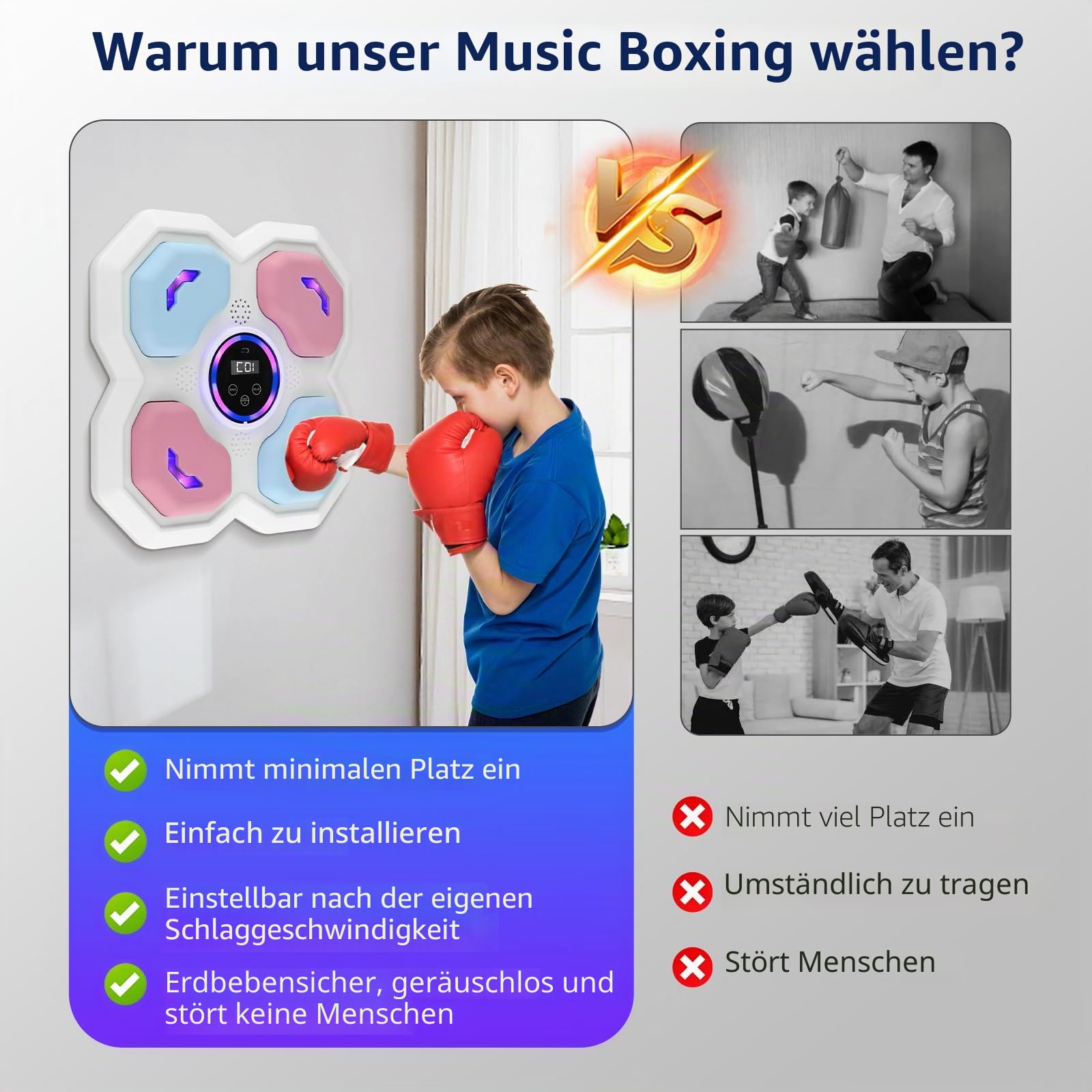 Intelligente Musikboxmaschine, 9 Modi und Geschwindigkeit, elektronisch, Boxtraining, Wandmontage, Messmodus, unterstützt Bluetooth, Handschuhe für Erwachsene und Kinder