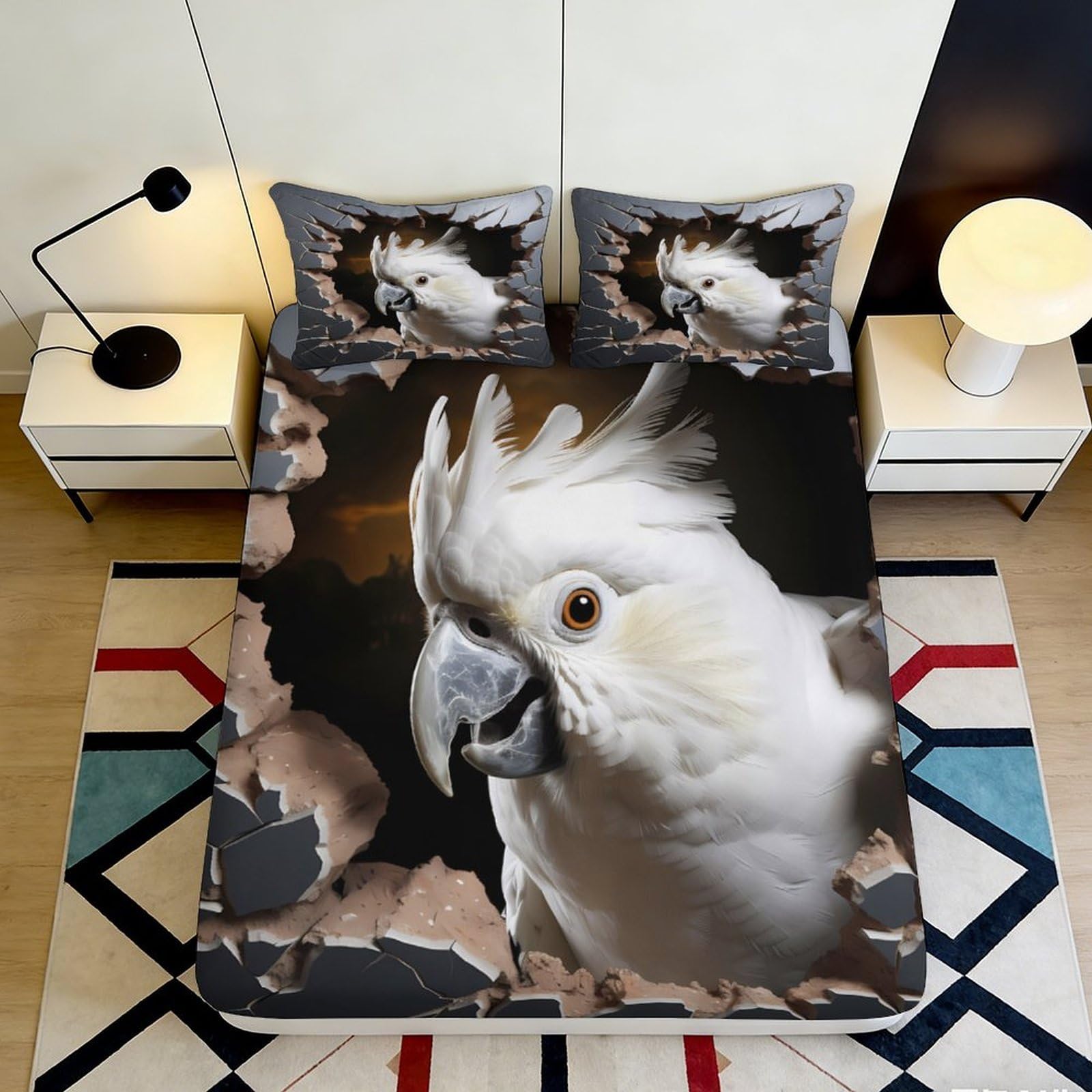 Zfldkwgb Style-3 3D Printed White Cockatoo Fitted Sheet Microfiber Soft Anti-Slip Bird Feather Bed Cover For Bedroom Dorm Mattress Decor 90X200x25cm