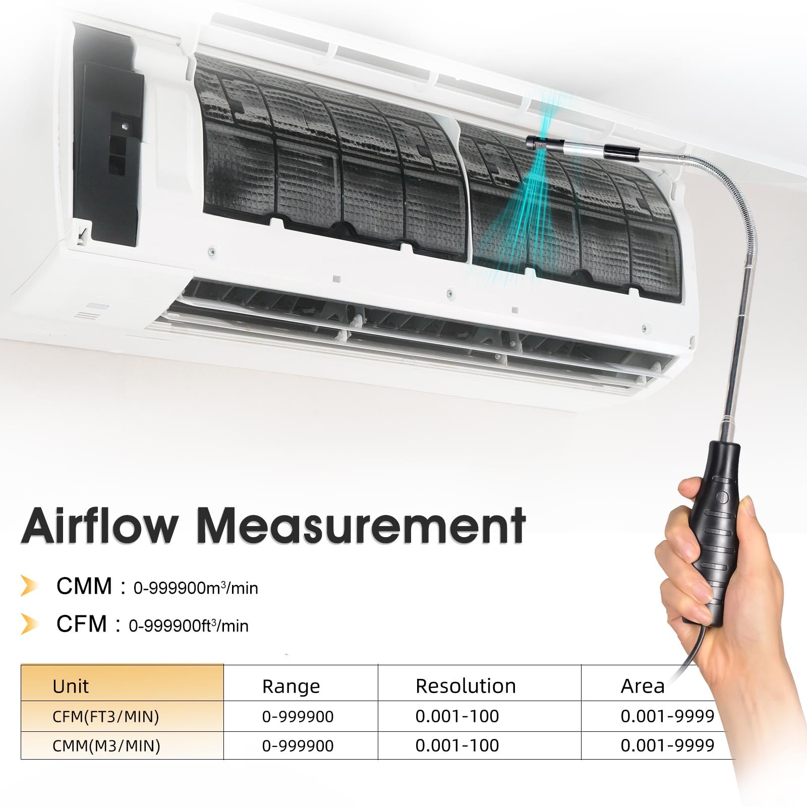 Anémomètre Portable, Anémomètre à fil Chaud pour CVC Avec Vitesse du Vent et Vitesse du Flux D'air 0,1-30 m/s CFM/CMM Débit D'air 0-999900 MAX/MIN/AVG Température et Rétroéclairage écran LCD AP-9000F